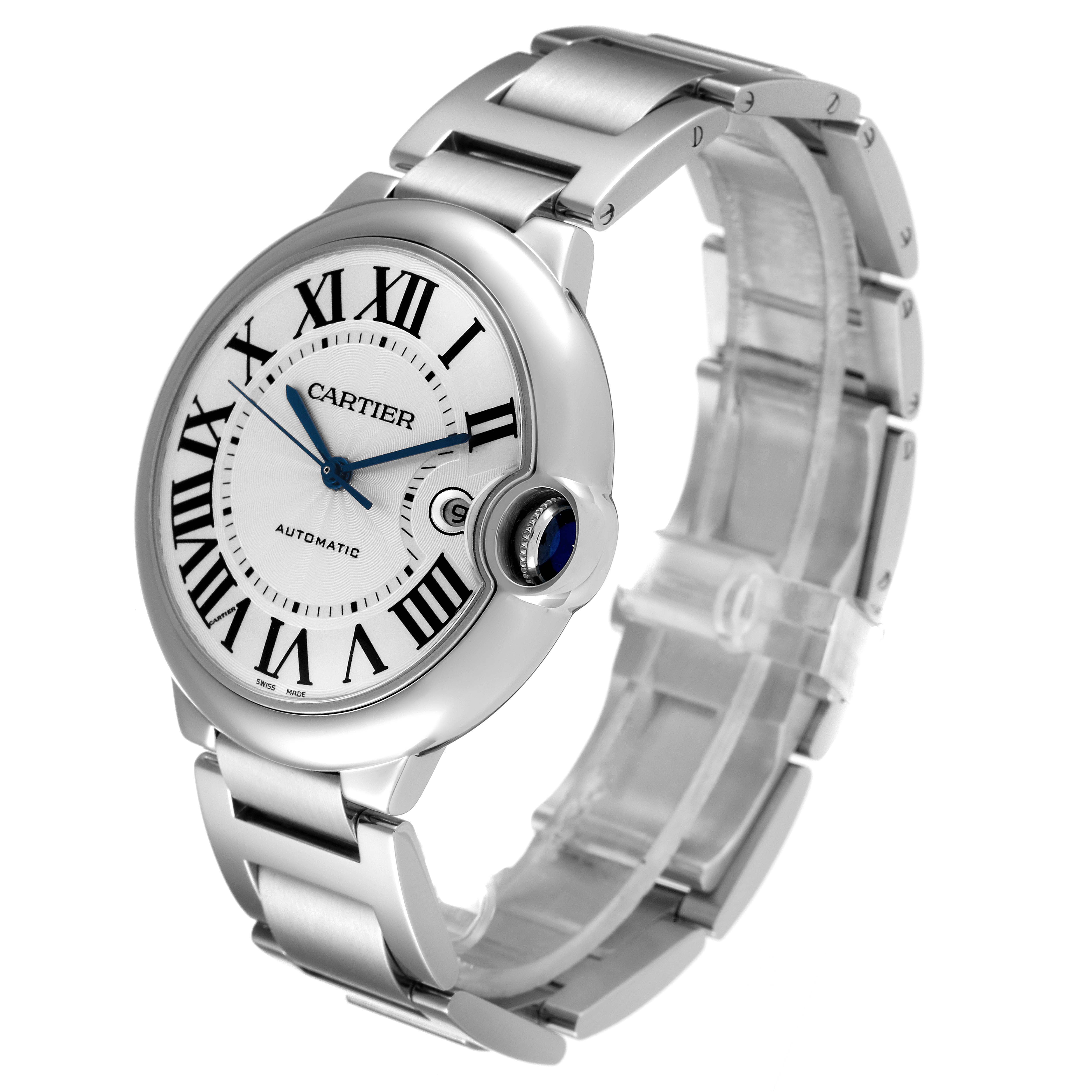 This image shows a side view of the Ballon Bleu by Cartier, highlighting its silver bracelet, round face, and Roman numeral dial.