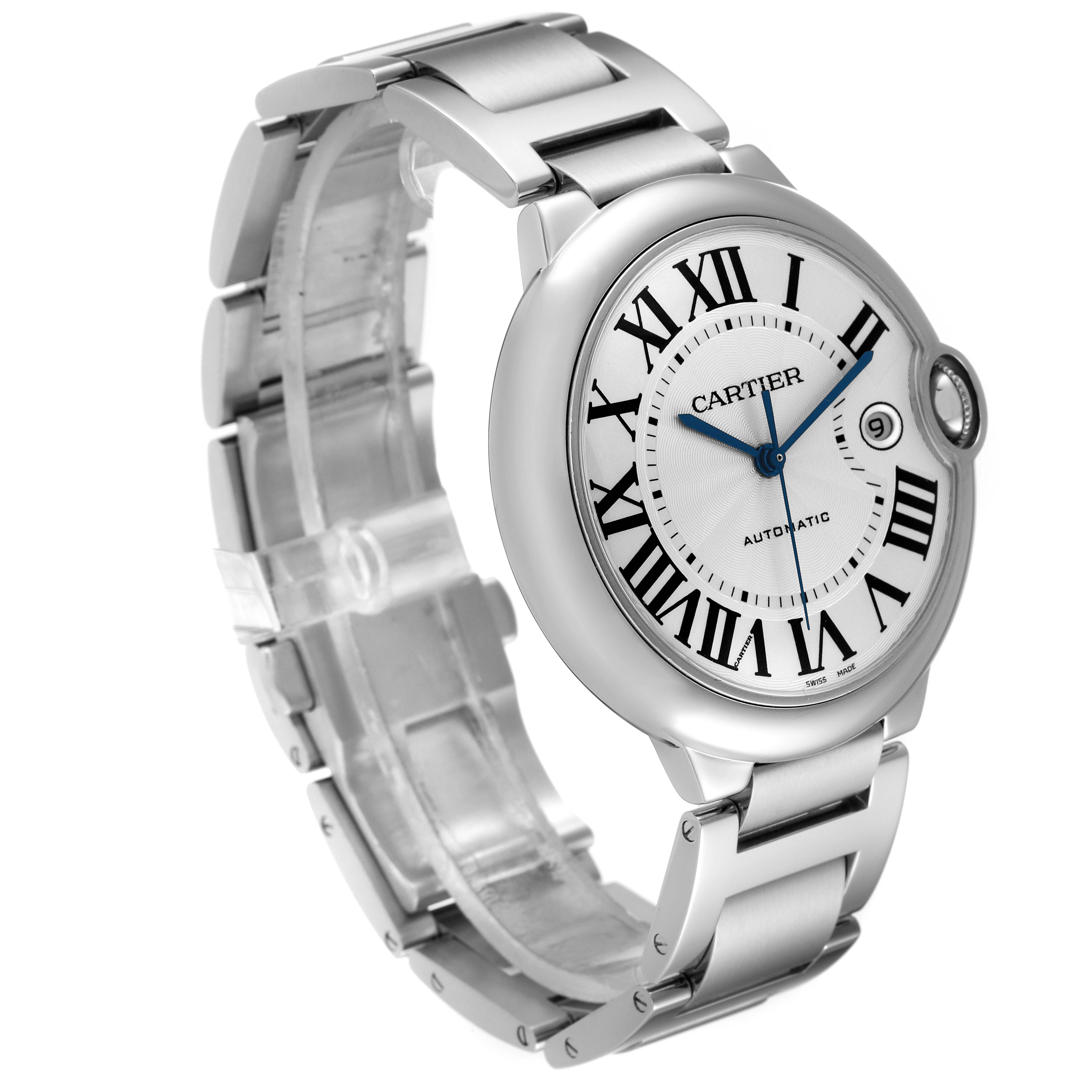 The Cartier Ballon Bleu W69012Z4 Men's Stainless Steel Silver Dial W69012Z4 Men's Stainless Steel Silver Dial watch is shown at a three-quarter angle, displaying its face, bracelet, and crown.
