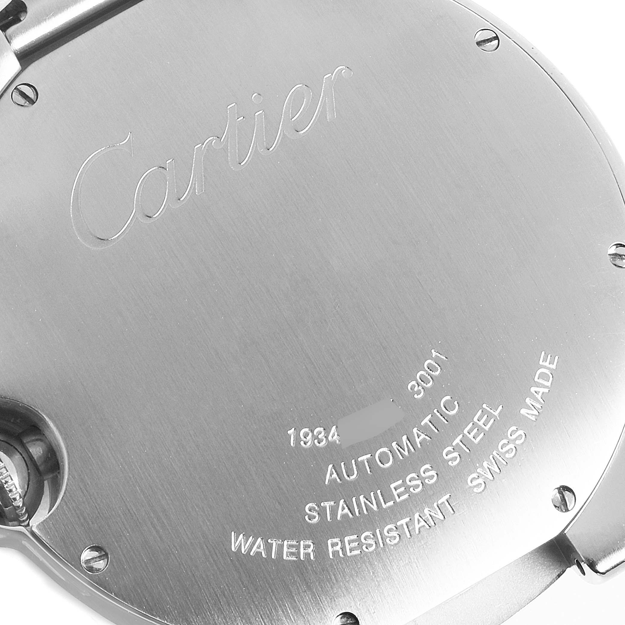 This image shows the back case of the Ballon Bleu model by Cartier, highlighting the brand name and watch specifications.