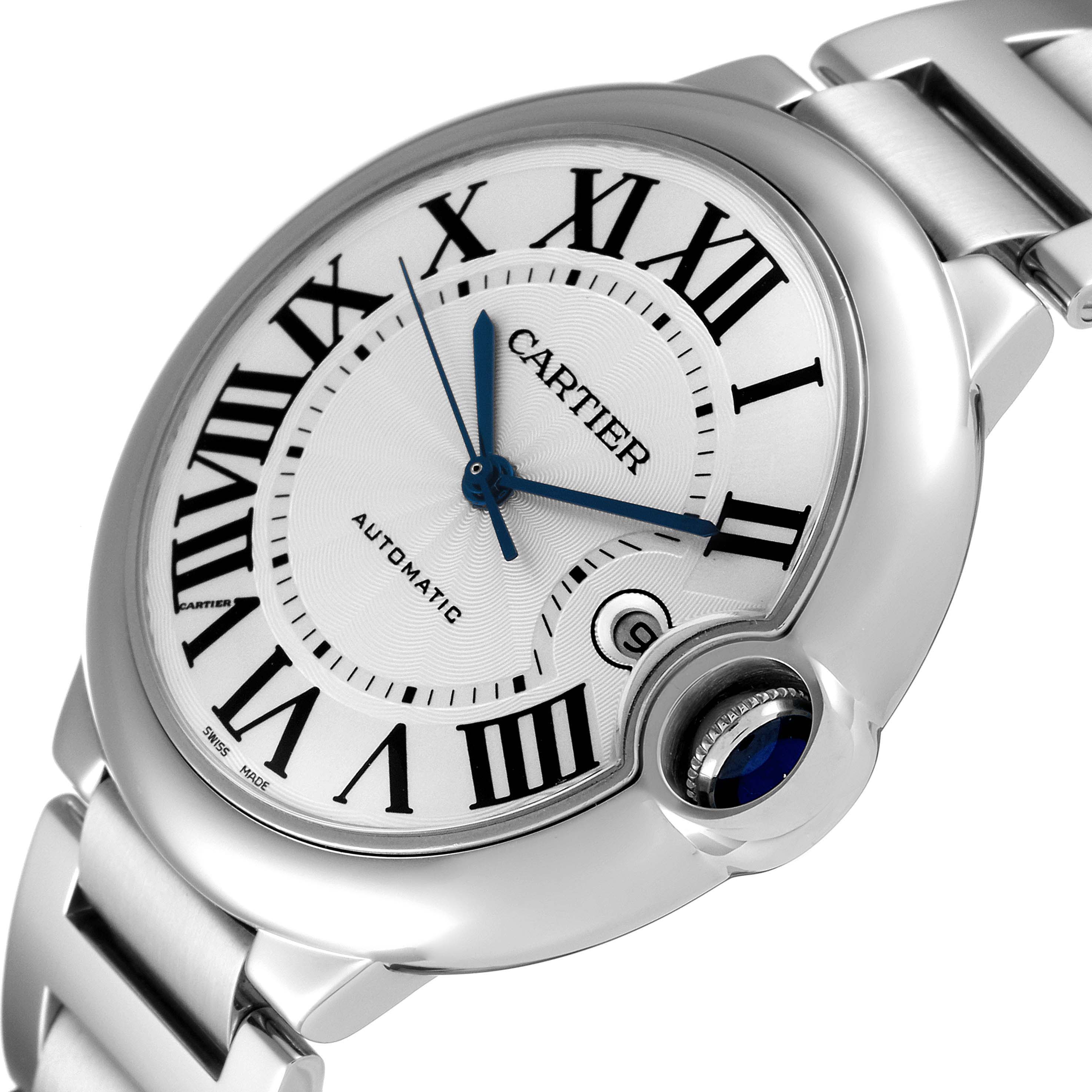 The image shows a close-up angled view of the Cartier Ballon Bleu W69012Z4 Men's Stainless Steel Silver Dial W69012Z4 Men's Stainless Steel Silver Dial watch face and part of its metal bracelet.