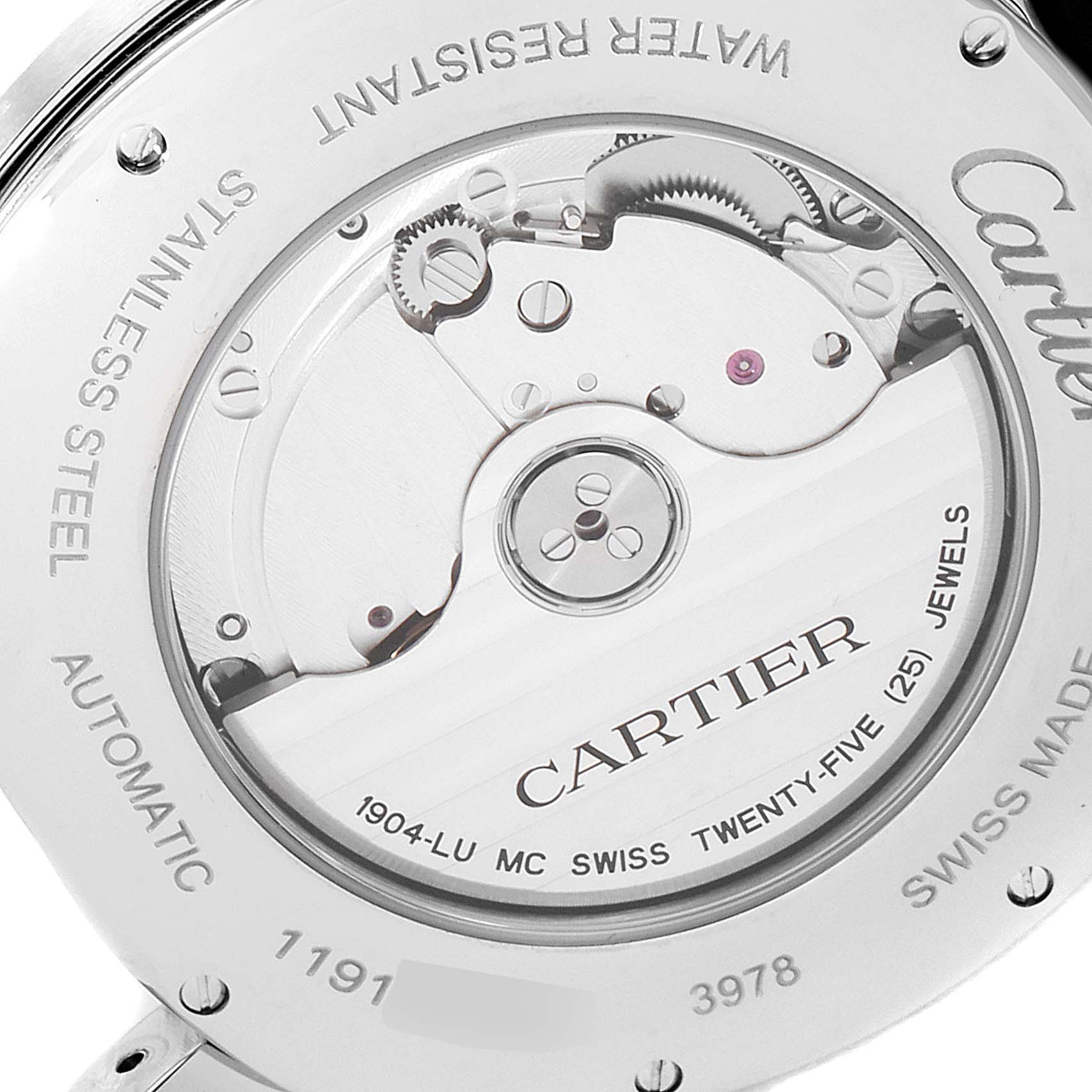 This image shows the back view of the Drive de Cartier watch, highlighting the automatic movement and internal components.