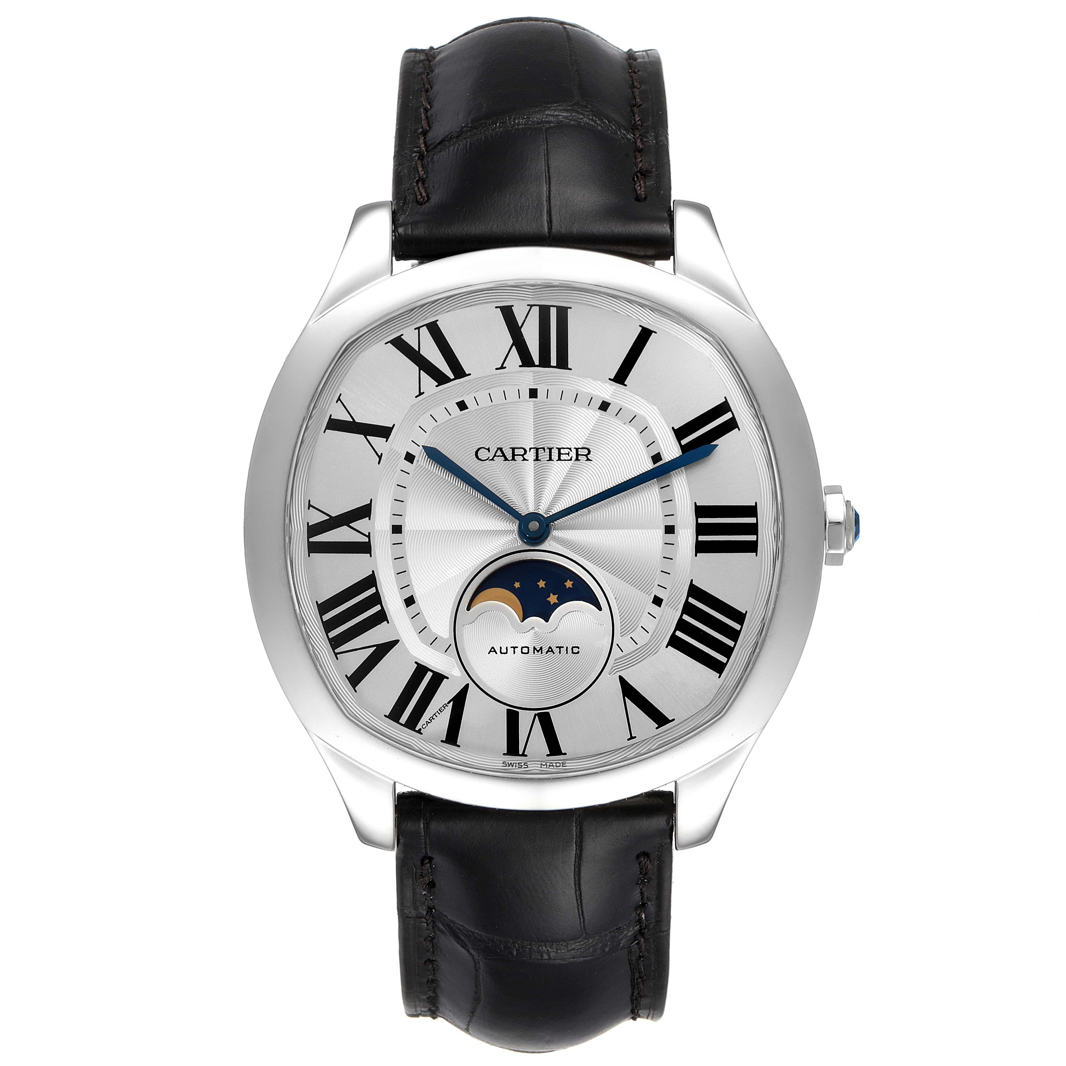 The image shows a front view of the Drive de Cartier watch by Cartier, displaying its dial, moon phase, and leather strap.