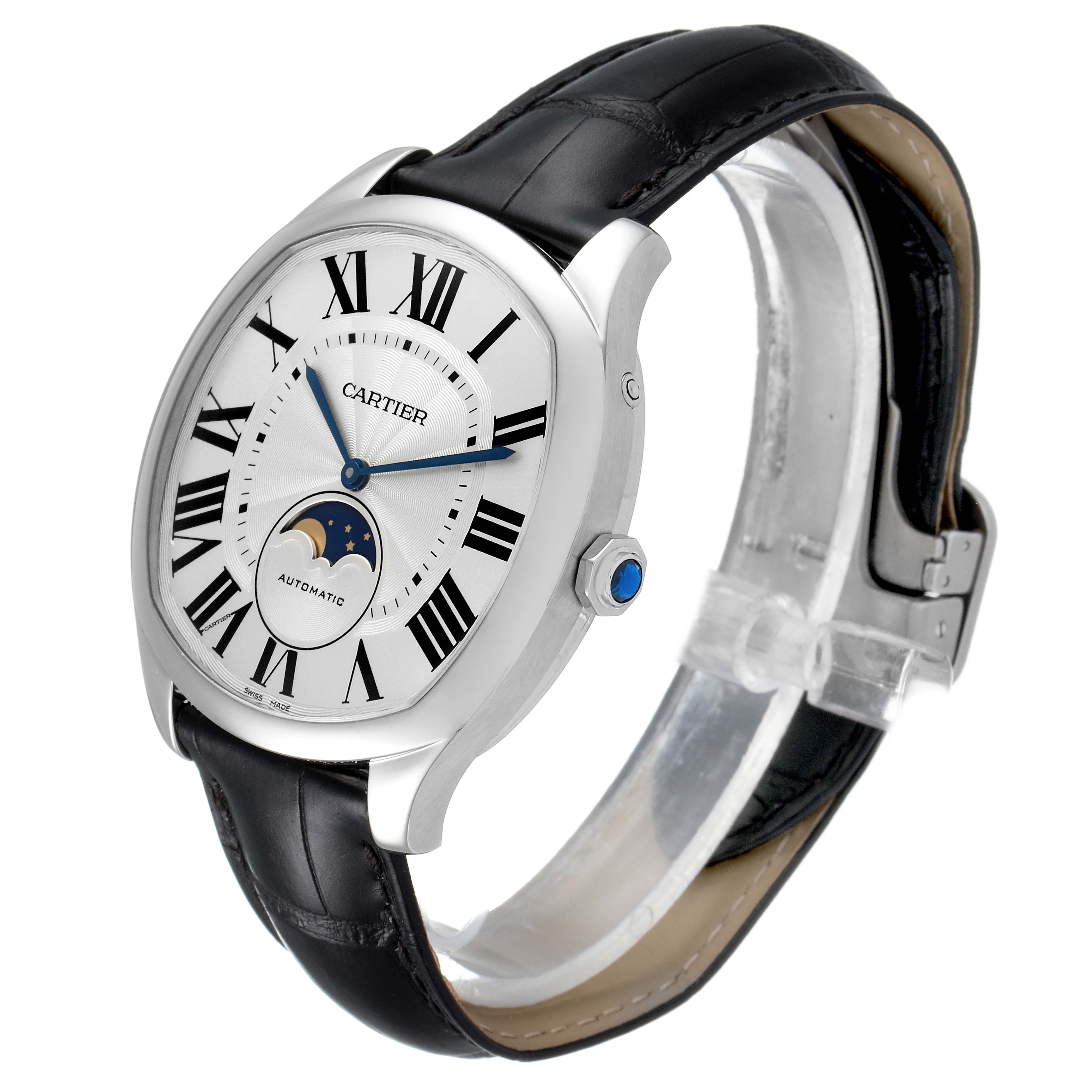 The image shows a Drive de Cartier watch by Cartier from a side angle, highlighting the black leather strap, silver dial with Roman numerals, and moon phase display.