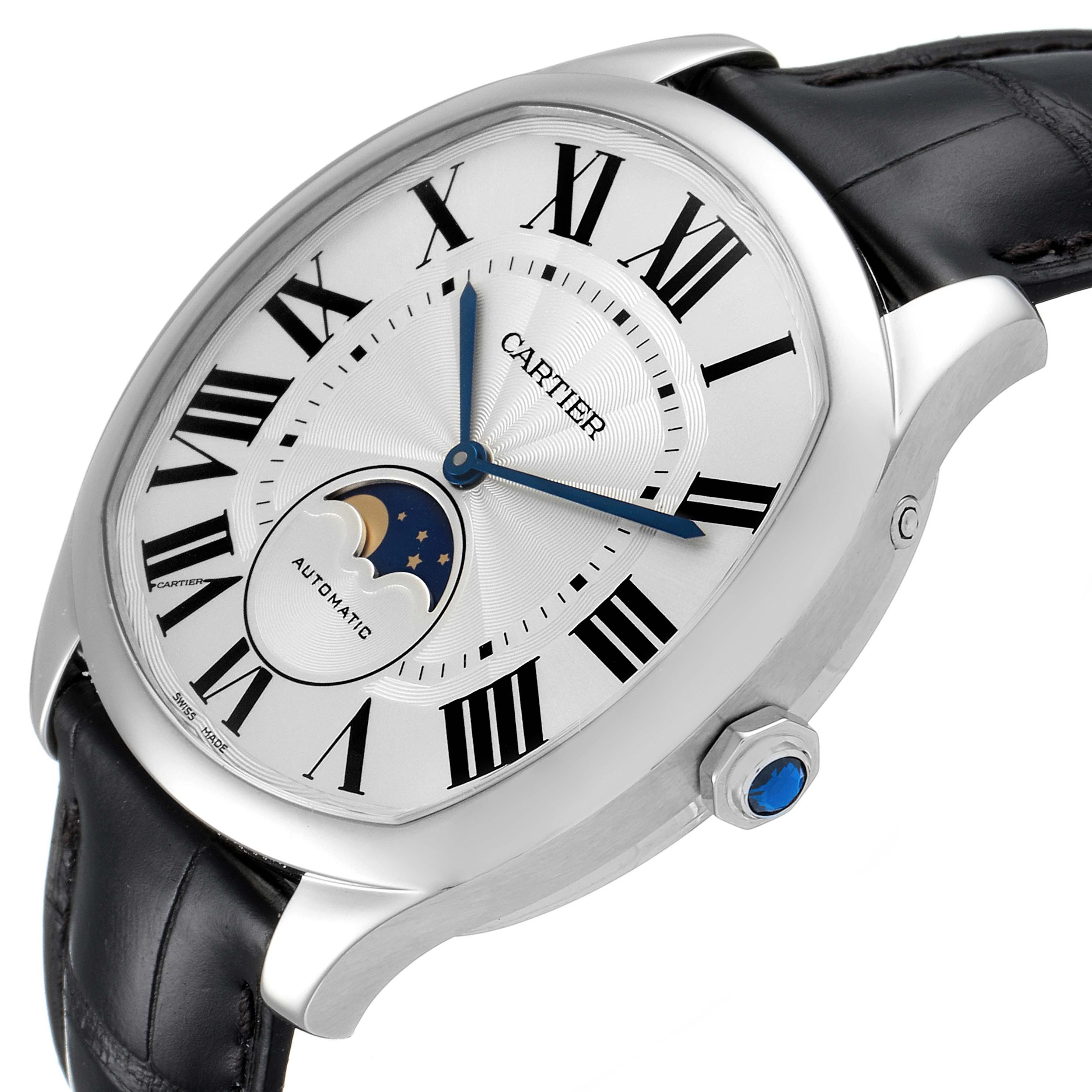 The image shows a side angle of the Cartier Drive de Cartier WSNM0008 Men's Stainless Steel Silver Dial WSNM0008 Men's Stainless Steel Silver Dial watch, featuring its white dial, blue hands, and black leather strap.