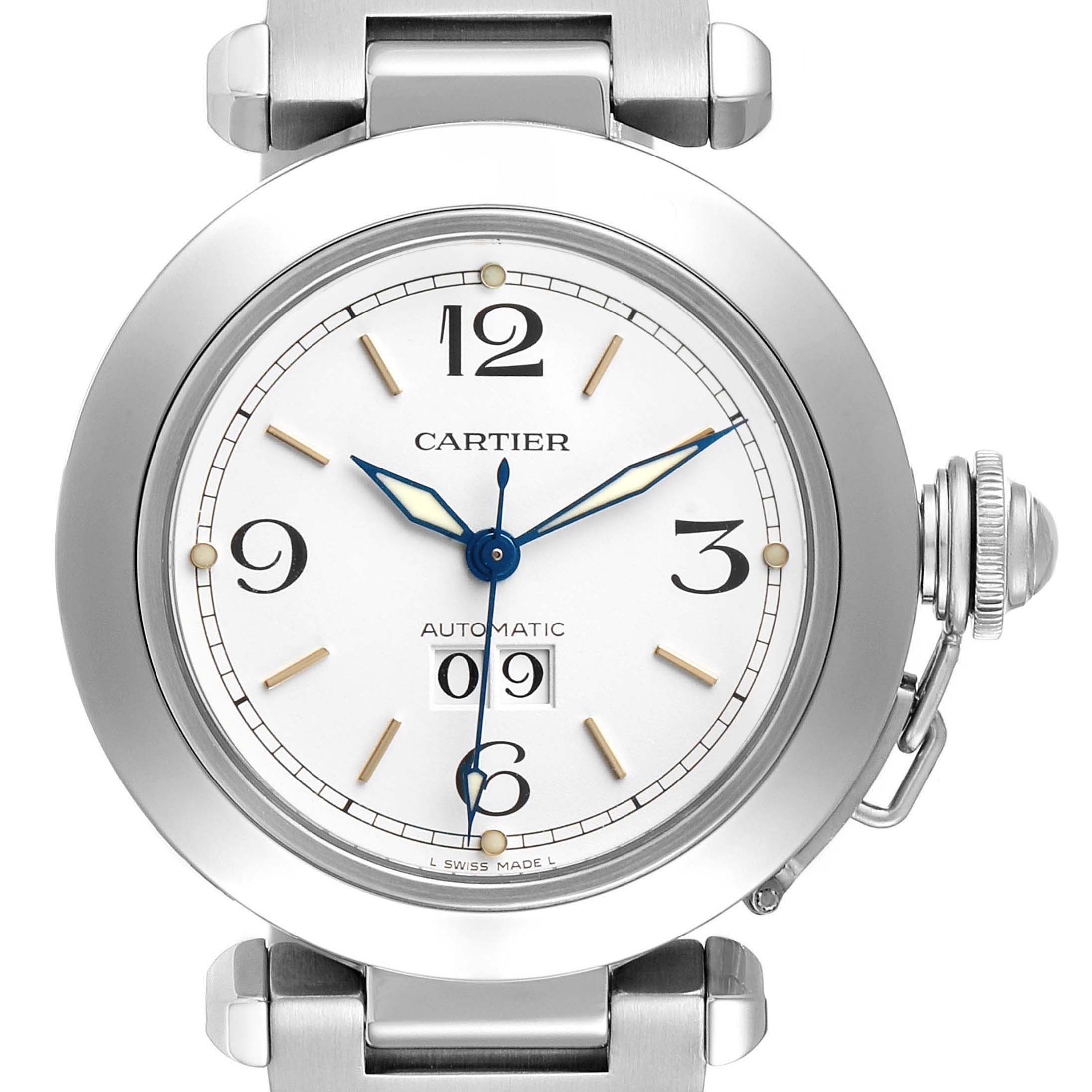 The Cartier Pasha W31044M7 Men's Stainless Steel White Dial watch is shown from the front, highlighting its dial, hands, and crown.