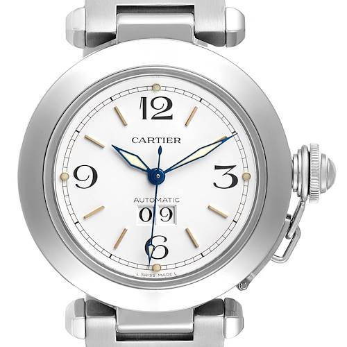 The Cartier Pasha W31044M7 Men's Stainless Steel White Dial watch is shown from a front angle, highlighting its dial, crown, and part of the bracelet.