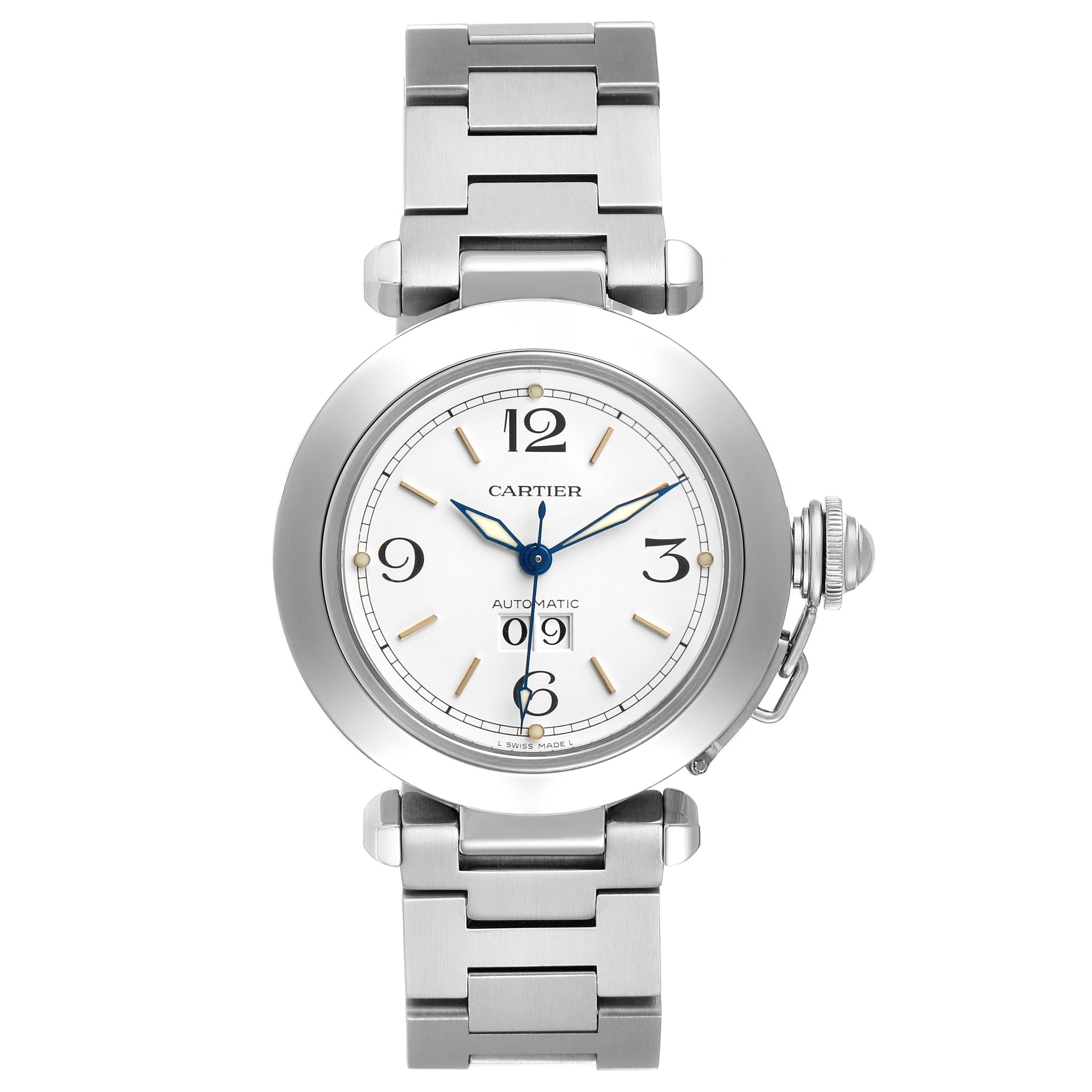 The Cartier Pasha W31044M7 Men's Stainless Steel White Dial watch is shown from a straight-on angle, revealing the dial, bezel, bracelet, and crown.