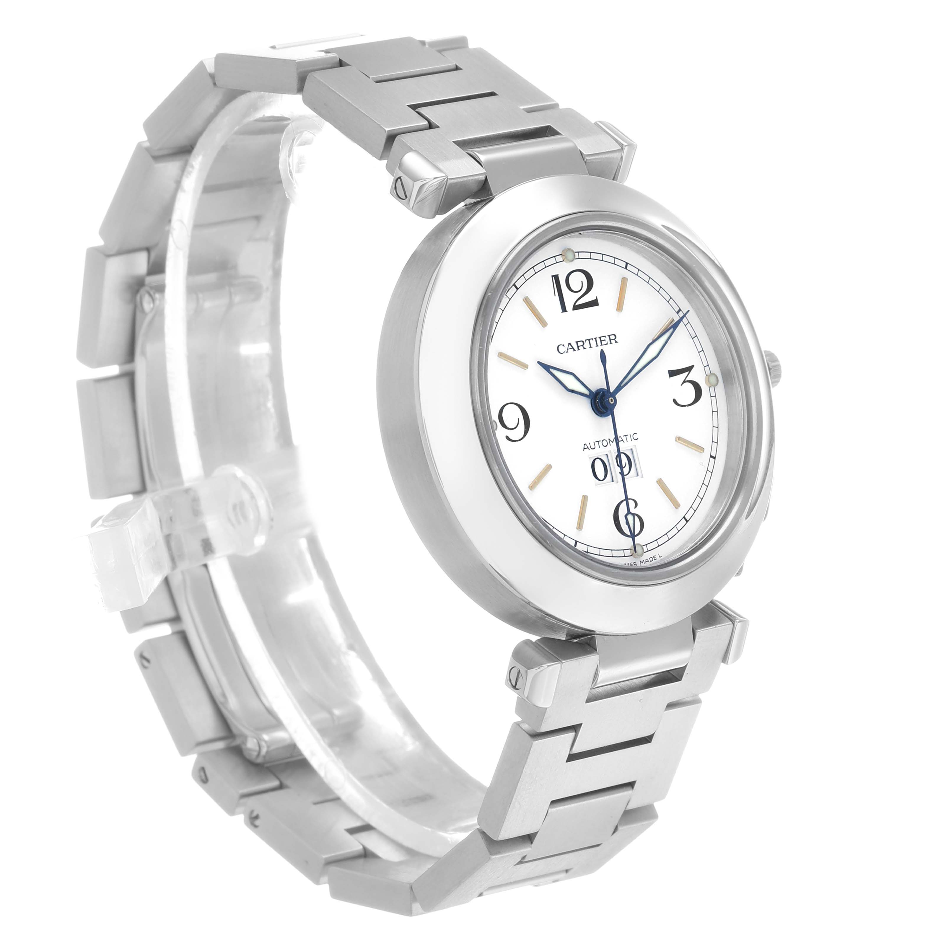The Cartier Pasha W31044M7 Men's Stainless Steel White Dial watch is shown at a side angle displaying the face, bezel, and metal strap.