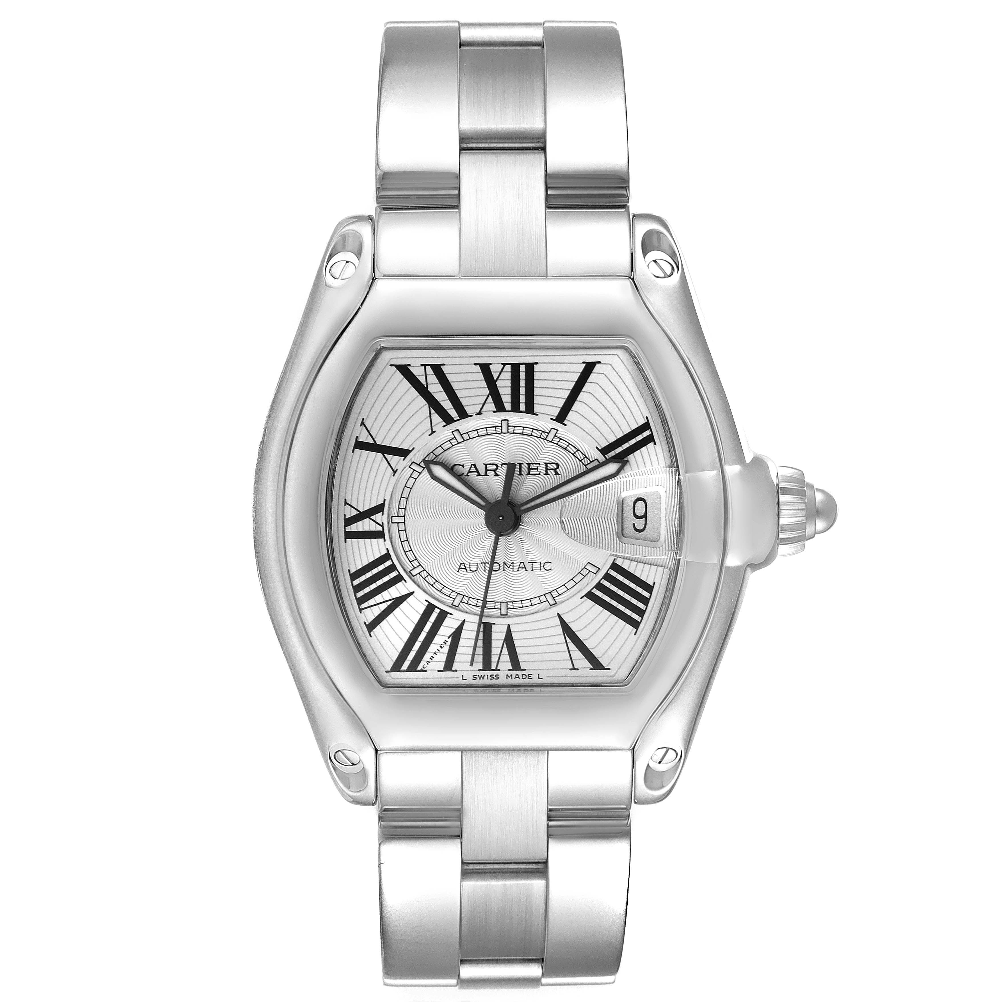 The image shows a frontal view of a Cartier Roadster W62025V3 Men's Stainless Steel Silver Dial W62025V3 Men's Stainless Steel Silver Dial watch, displaying its face, bezel, and bracelet.