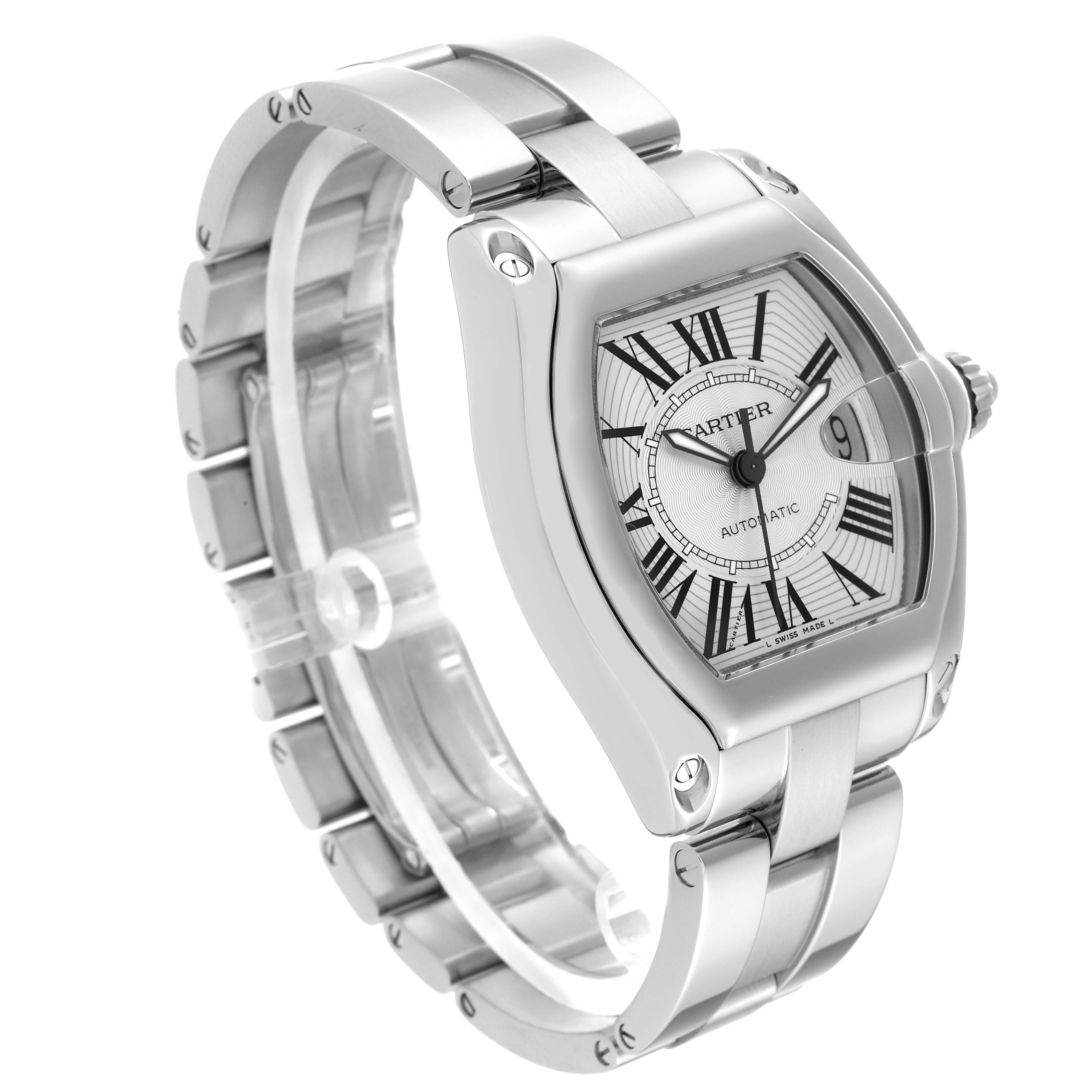 This image shows a Cartier Roadster W62025V3 Men's Stainless Steel Silver Dial W62025V3 Men's Stainless Steel Silver Dial watch angled to display the front face and part of the bracelet.