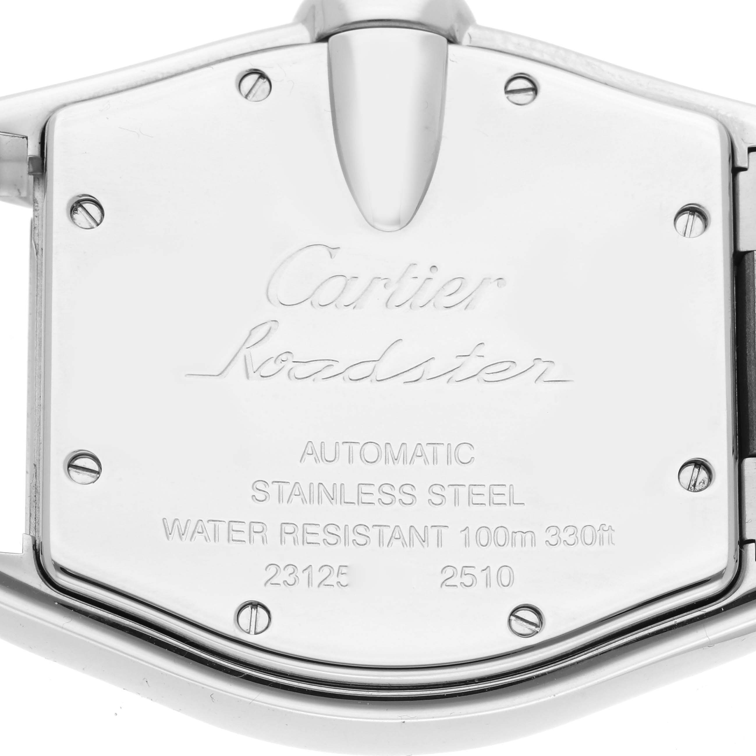 The image shows the back case of a Cartier Roadster W62025V3 Men's Stainless Steel Silver Dial W62025V3 Men's Stainless Steel Silver Dial watch, highlighting its stainless steel and water resistance features.