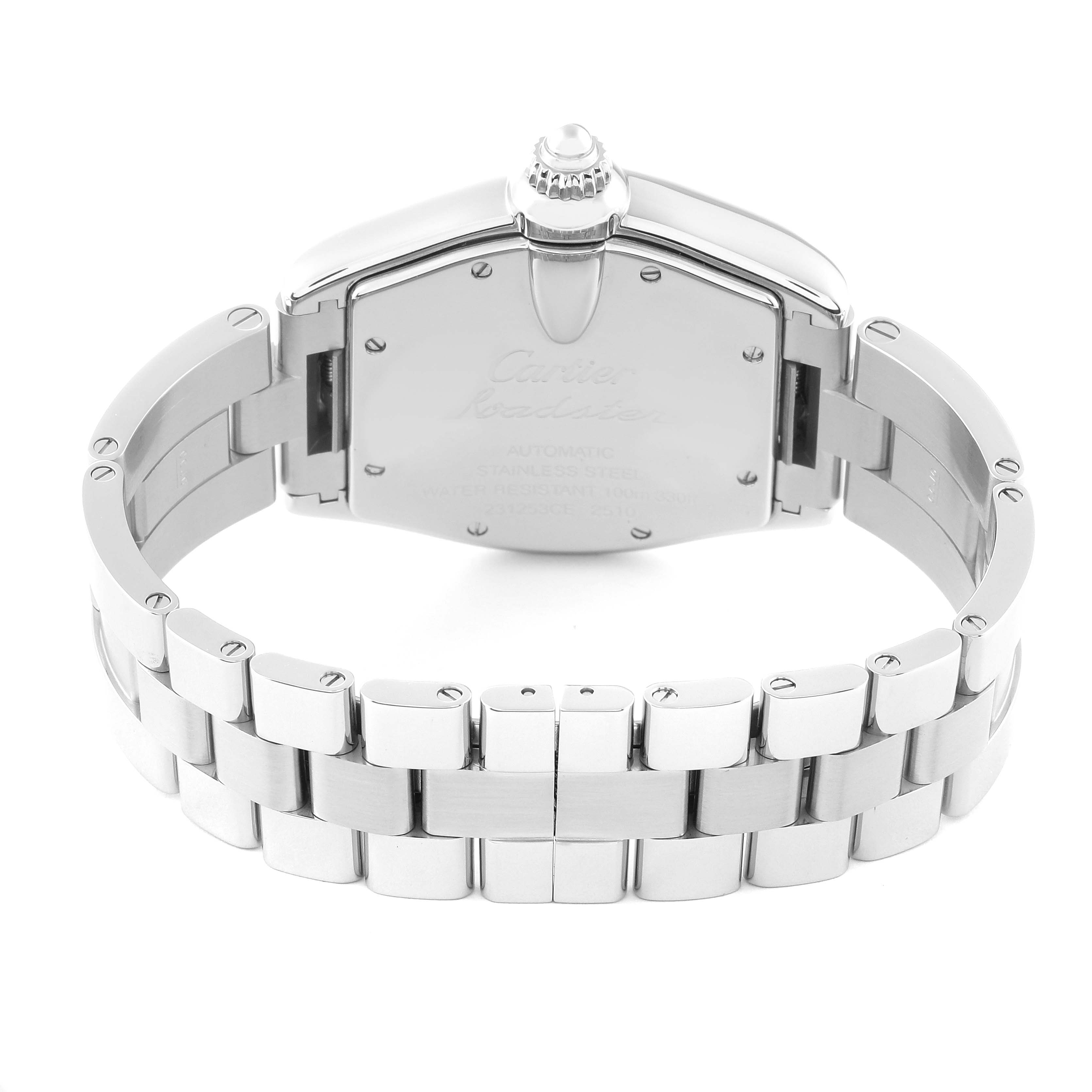 This image shows the back case and stainless steel bracelet of the Cartier Roadster W62025V3 Men's Stainless Steel Silver Dial W62025V3 Men's Stainless Steel Silver Dial model watch.