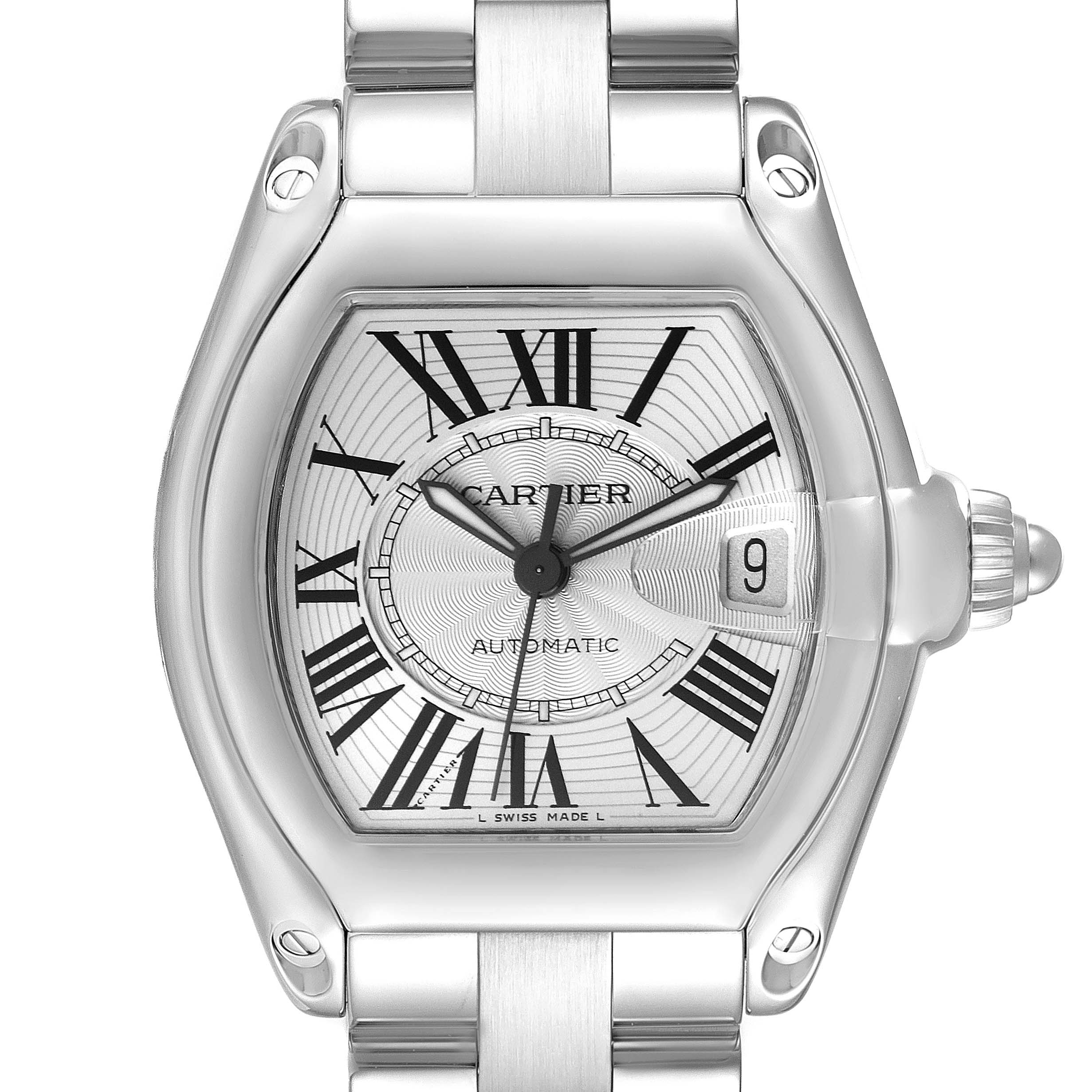 The image shows a front view of the Cartier Roadster W62025V3 Men's Stainless Steel Silver Dial W62025V3 Men's Stainless Steel Silver Dial watch, displaying the face, Roman numerals, date window, and part of the bracelet.