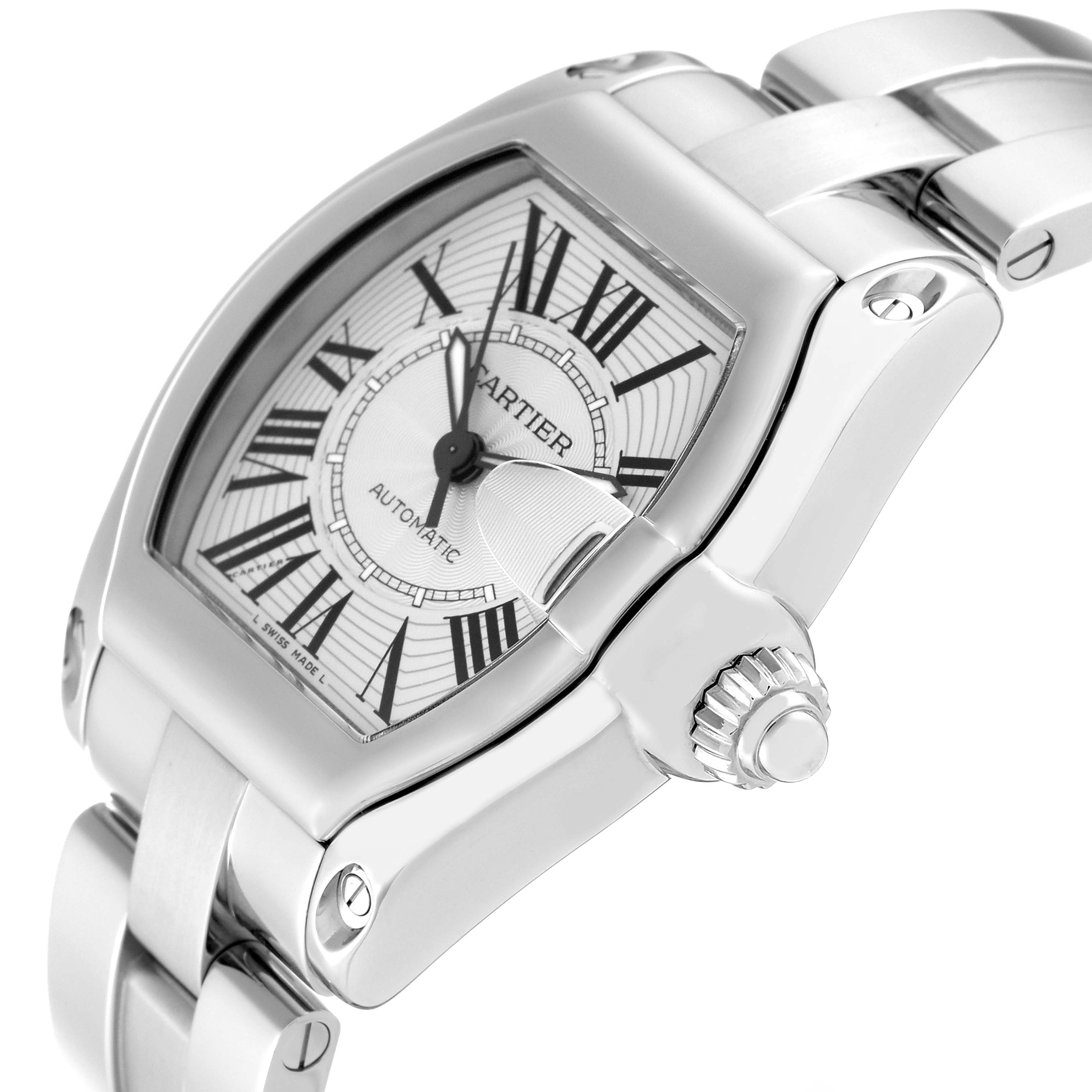 This image displays a side-angle view of the Cartier Roadster W62025V3 Men's Stainless Steel Silver Dial W62025V3 Men's Stainless Steel Silver Dial watch, showcasing the dial, crown, and part of the bracelet.
