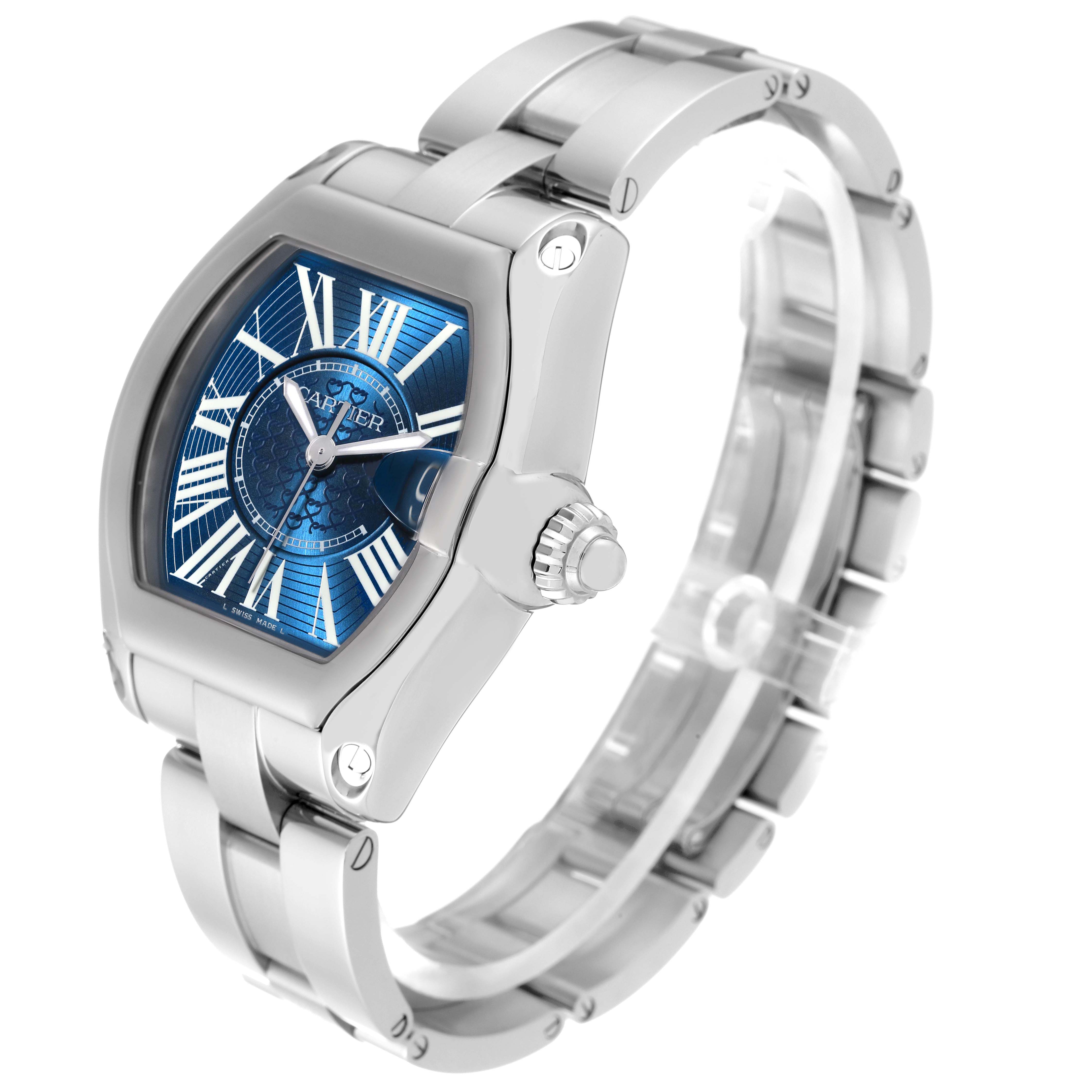 This image shows a Cartier Roadster W6206012 Men's Stainless Steel Blue Dial W6206012 Men's Stainless Steel Blue Dial watch from a front-side angle, highlighting its face, bezel, and bracelet.