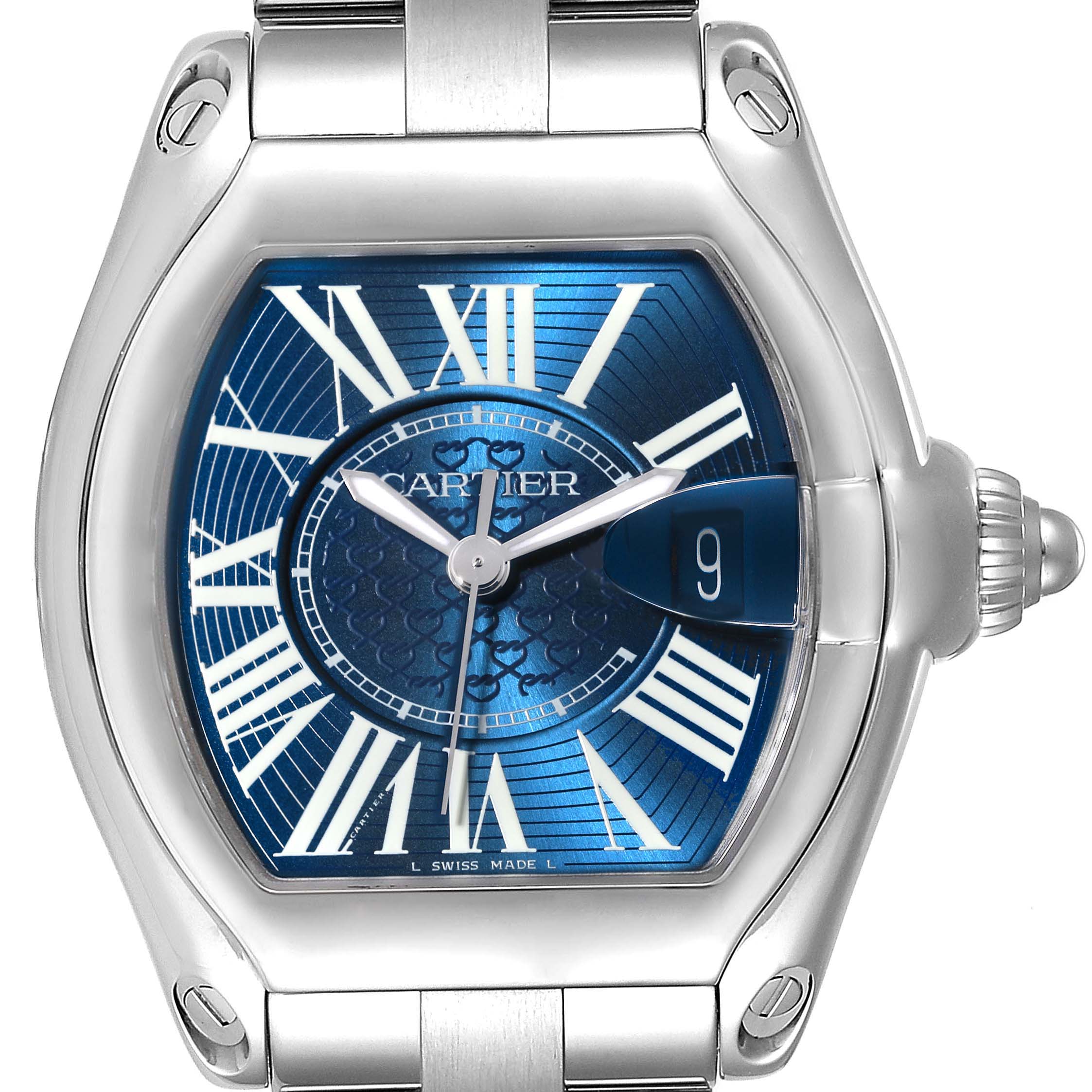 This Cartier Roadster W6206012 Men's Stainless Steel Blue Dial W6206012 Men's Stainless Steel Blue Dial watch is shown from the front, highlighting the dial, hands, and bracelet.