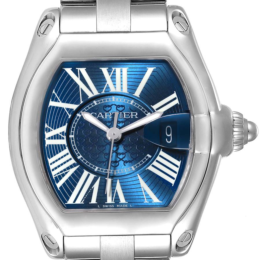 This Cartier Roadster watch is shown from the front, highlighting the dial, hands, and bracelet.