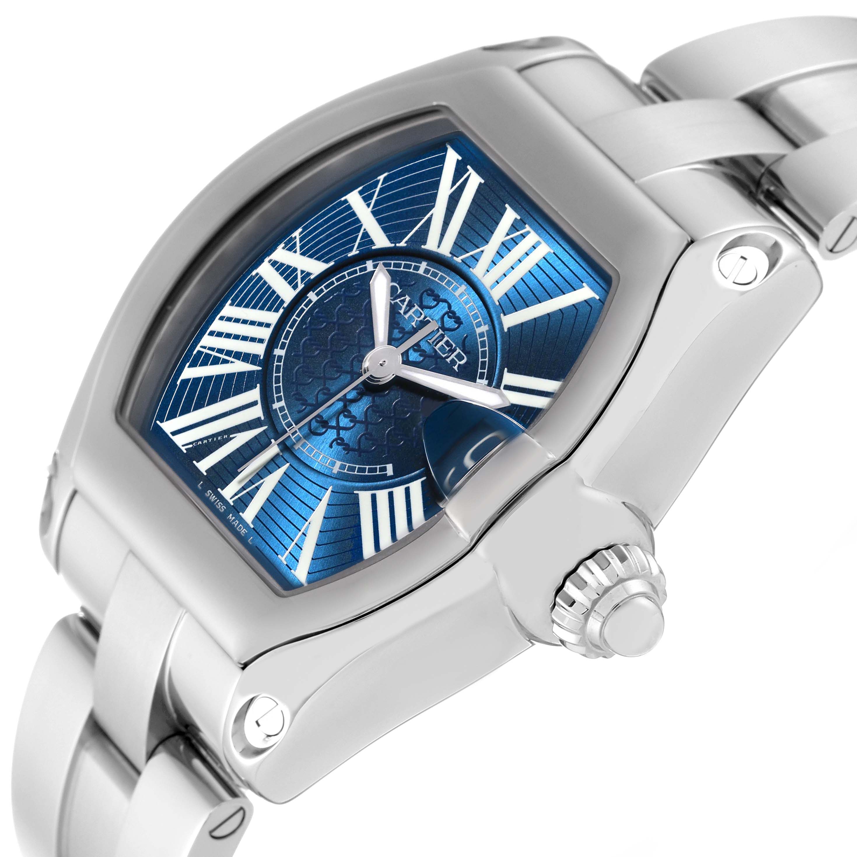 The image shows a close-up view of a Cartier Roadster W6206012 Men's Stainless Steel Blue Dial W6206012 Men's Stainless Steel Blue Dial watch, highlighting the blue dial, crown, and part of the bracelet.