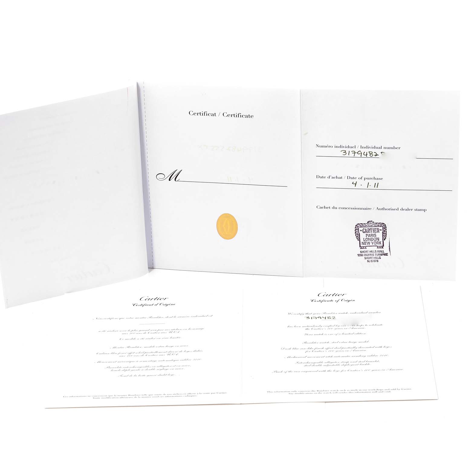 This image shows the warranty and certificate paperwork for a Cartier Roadster W6206012 Men's Stainless Steel Blue Dial W6206012 Men's Stainless Steel Blue Dial watch, laid open and flat.