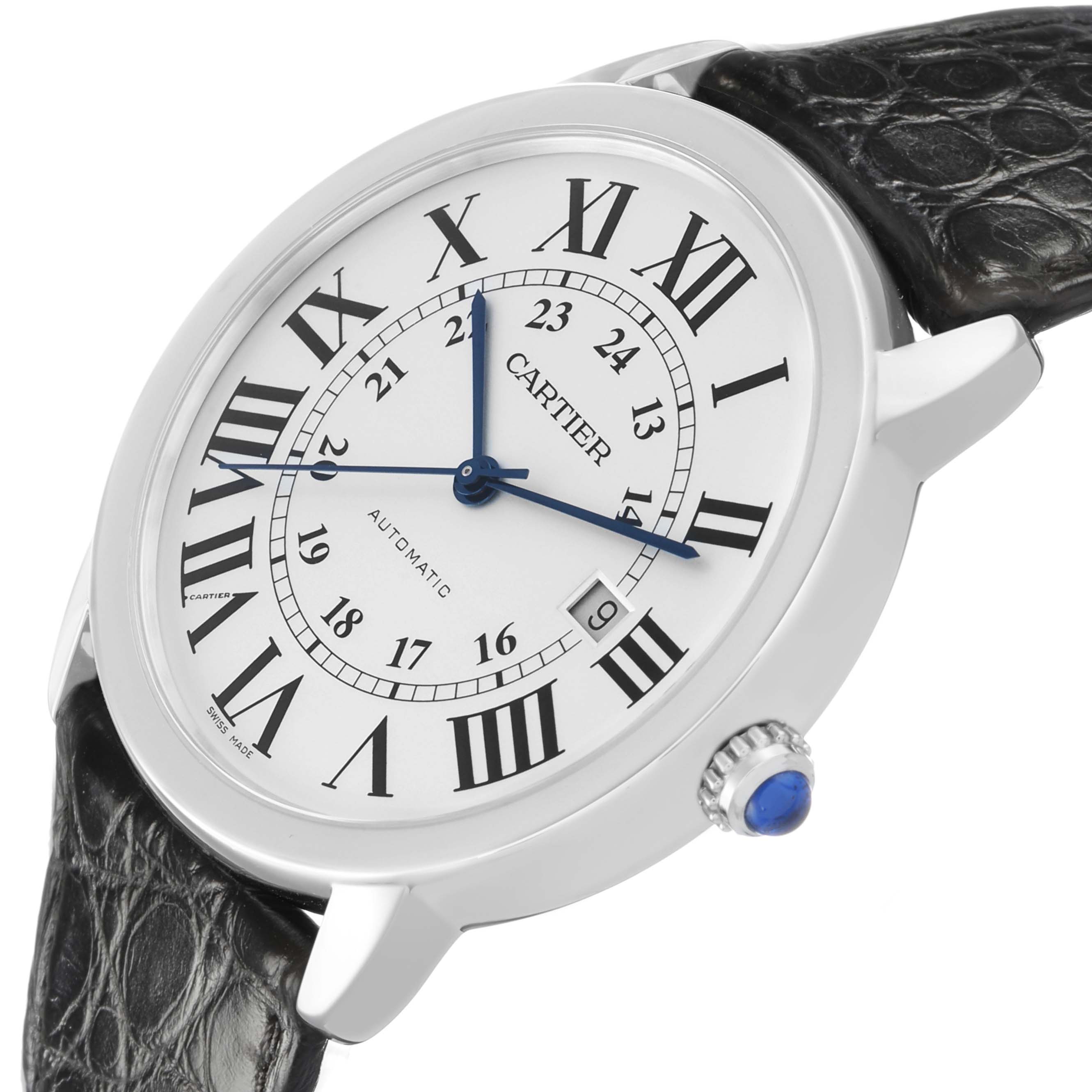 The Cartier Ronde WSRN0022 Men's Stainless Steel Silver Dial watch is shown from an angled side view, highlighting the case, dial, and crown with a textured strap.