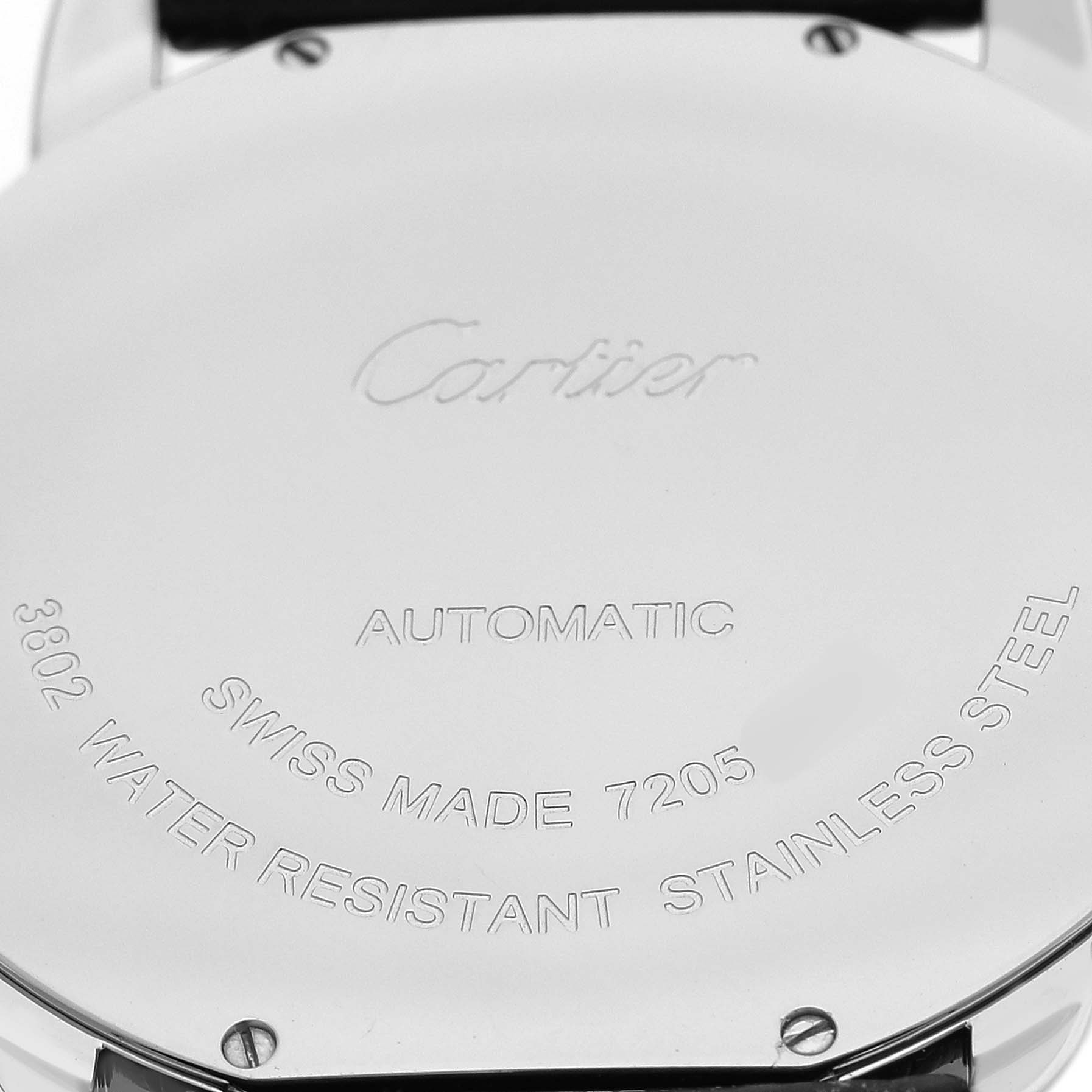 The image shows the back case of the Cartier Ronde WSRN0022 Men's Stainless Steel Silver Dial watch with engraved details, emphasizing its automatic movement and material.