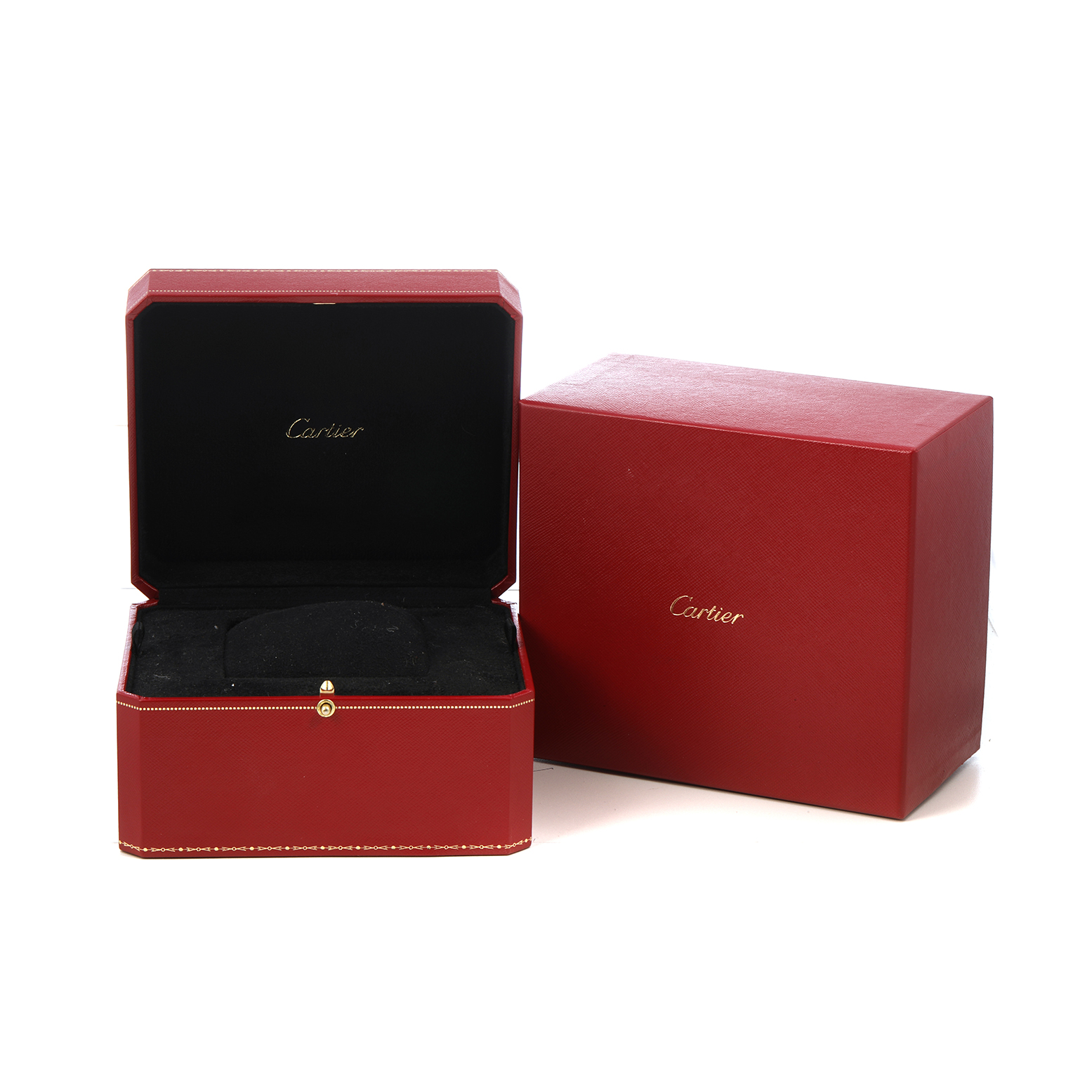 The image shows an open red Cartier watch box for a Ronde model, with the exterior packaging displayed alongside.