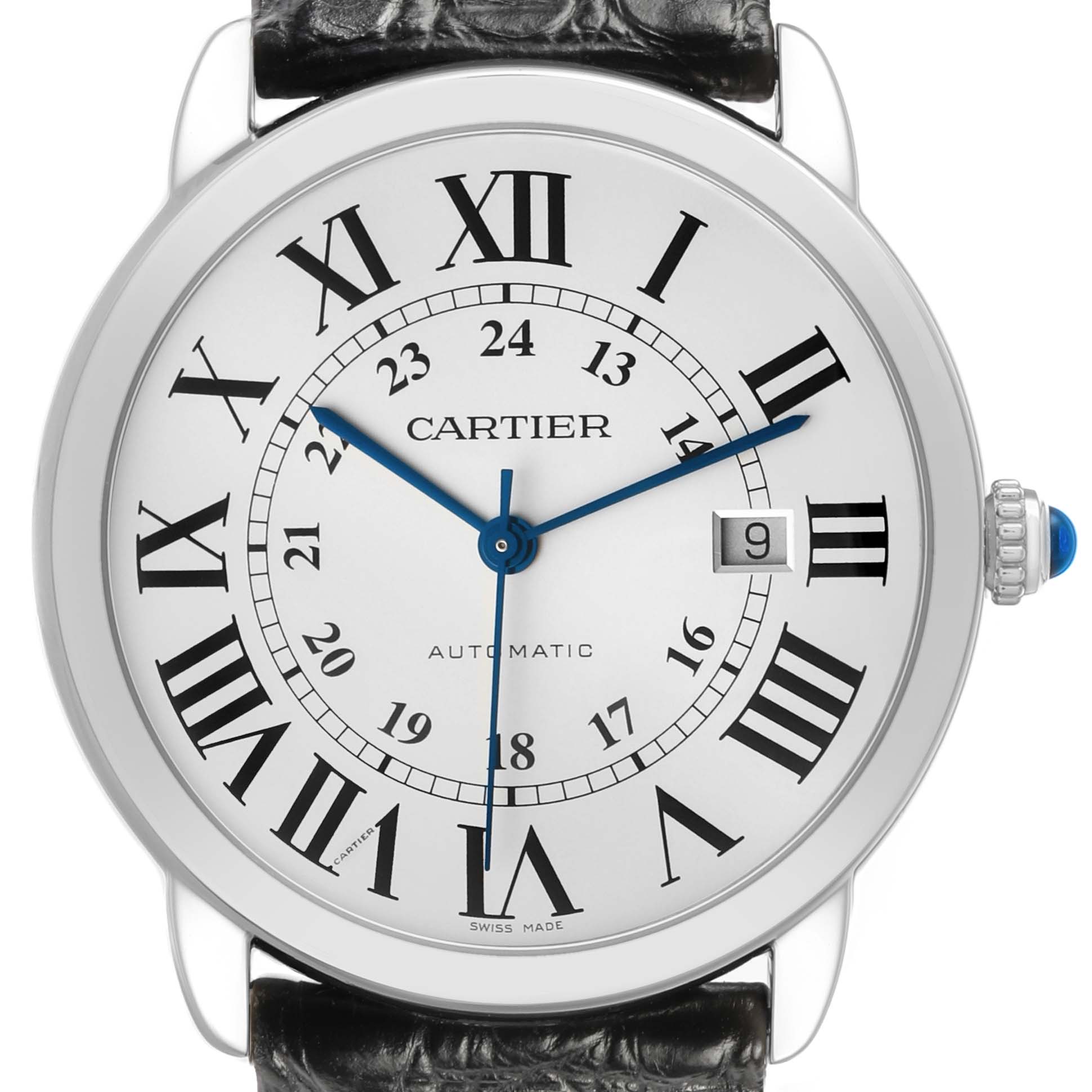 The Ronde model by Cartier is shown front-on, displaying the dial with Roman numerals and a date window.