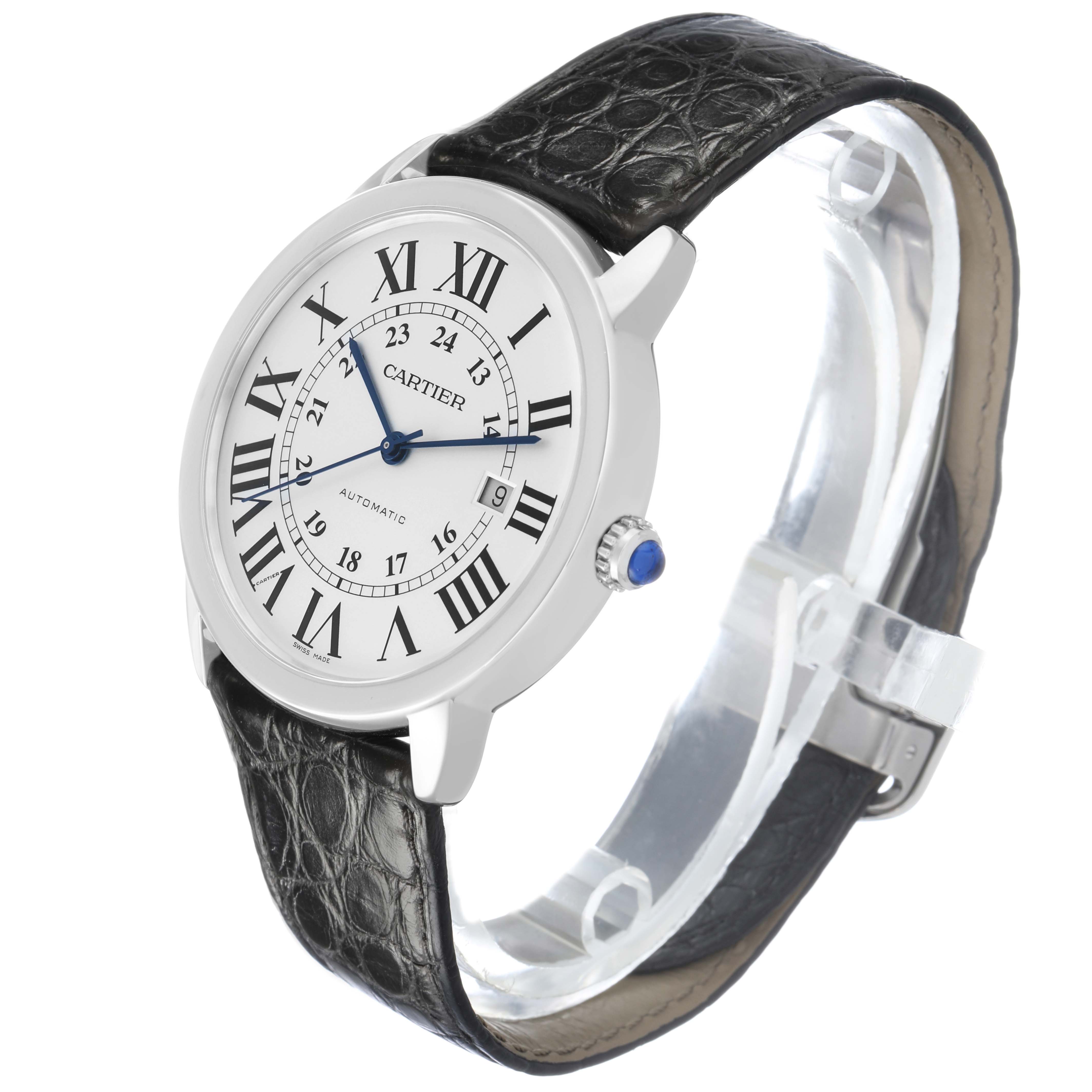 The Cartier Ronde WSRN0022 Men's Stainless Steel Silver Dial watch is shown at a three-quarter angle, highlighting the dial, Roman numerals, blue hands, and leather strap.