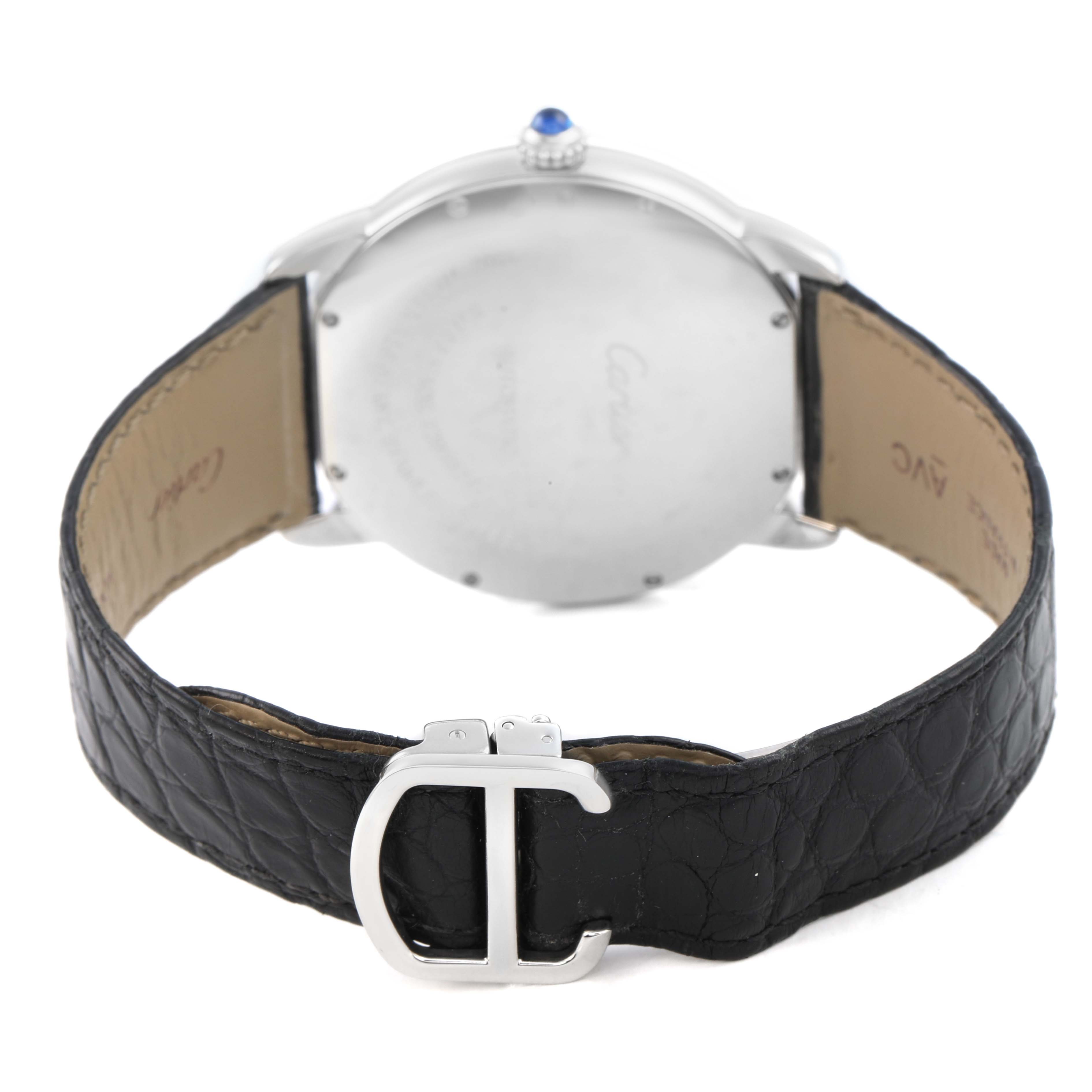 The image shows the back of the Cartier Ronde WSRN0022 Men's Stainless Steel Silver Dial watch, focusing on the case, crown, and leather strap with a "C" clasp.