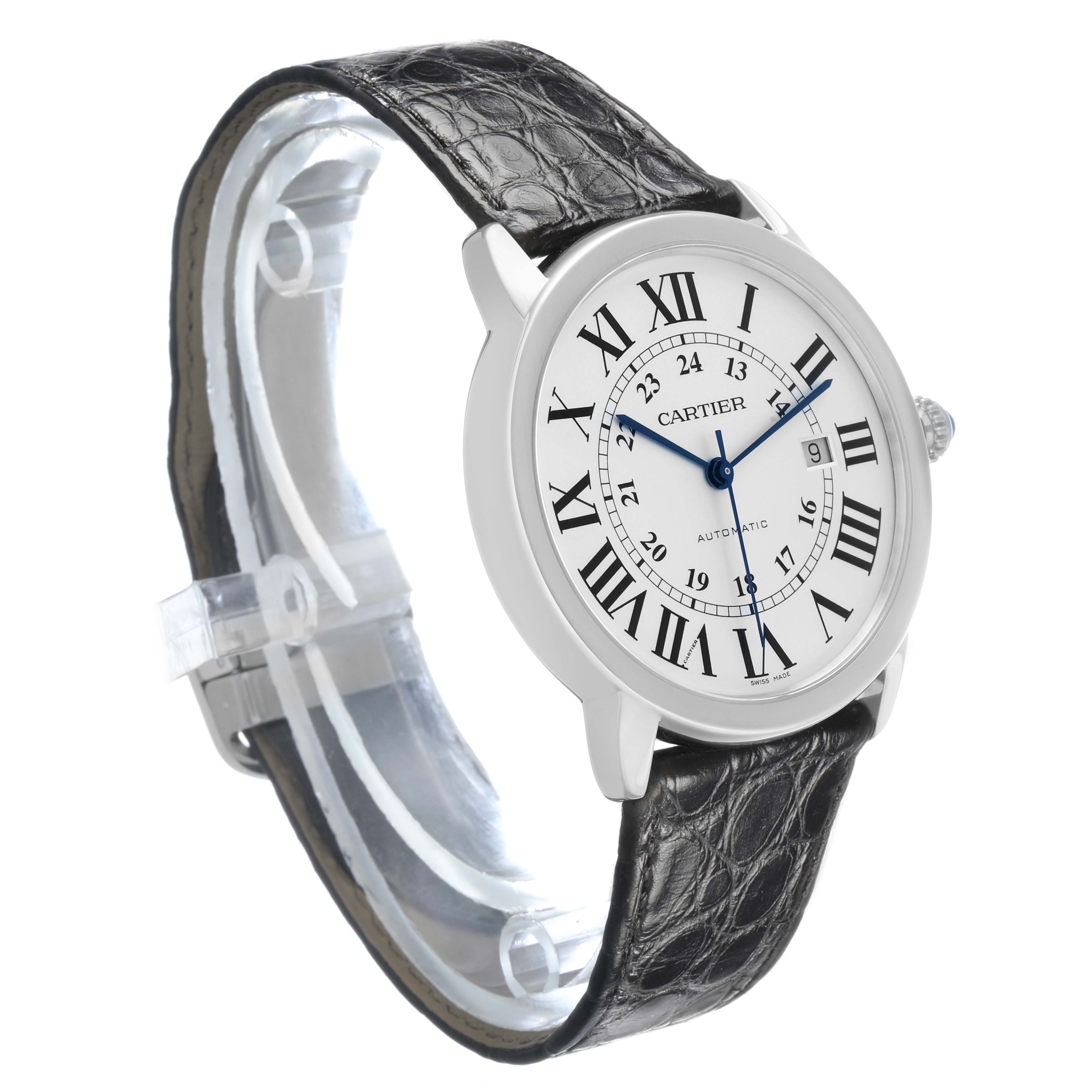 The Cartier Ronde WSRN0022 Men's Stainless Steel Silver Dial watch is shown at a slight angle, displaying the face, Roman numeral indices, and black leather strap.