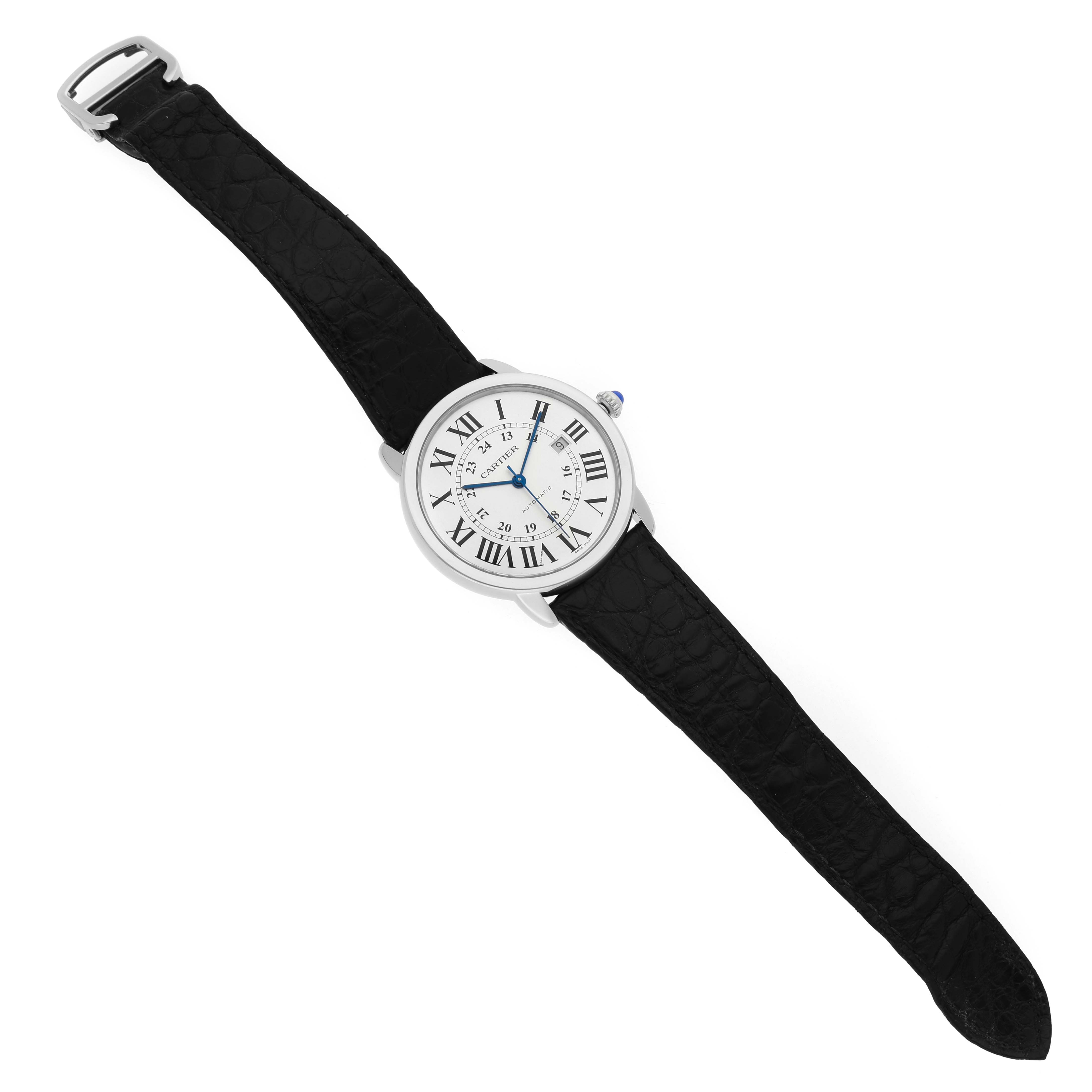The Cartier Ronde WSRN0022 Men's Stainless Steel Silver Dial watch is shown from a top view, highlighting its face, Roman numerals, blued hands, and black leather strap.