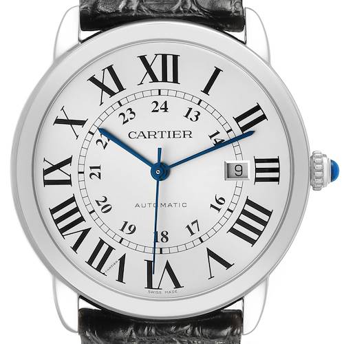 The Cartier Ronde WSRN0022 Men's Stainless Steel Silver Dial watch is shown from the front, displaying its face with Roman numerals, date window, and crown.