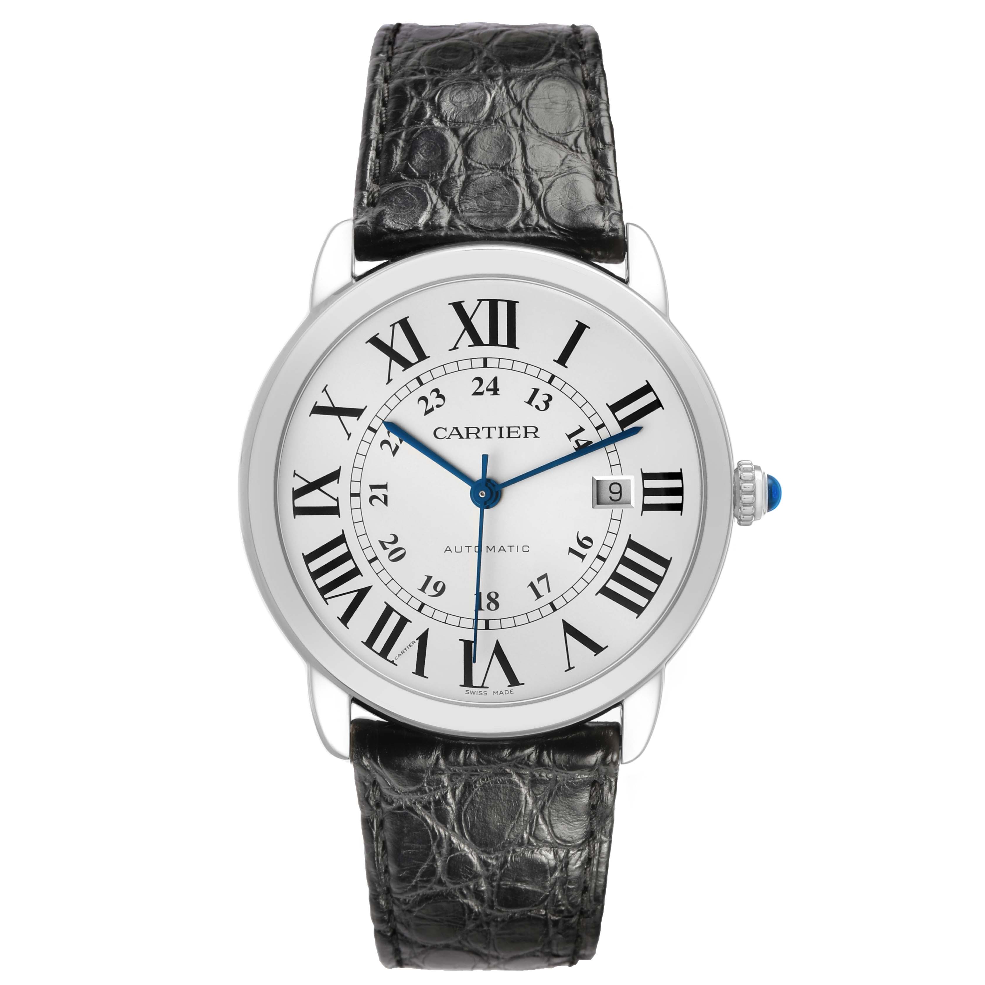 The Cartier Ronde WSRN0022 Men's Stainless Steel Silver Dial watch is shown from a frontal angle, displaying the dial, Roman numerals, hour and minute hands, and the leather strap.