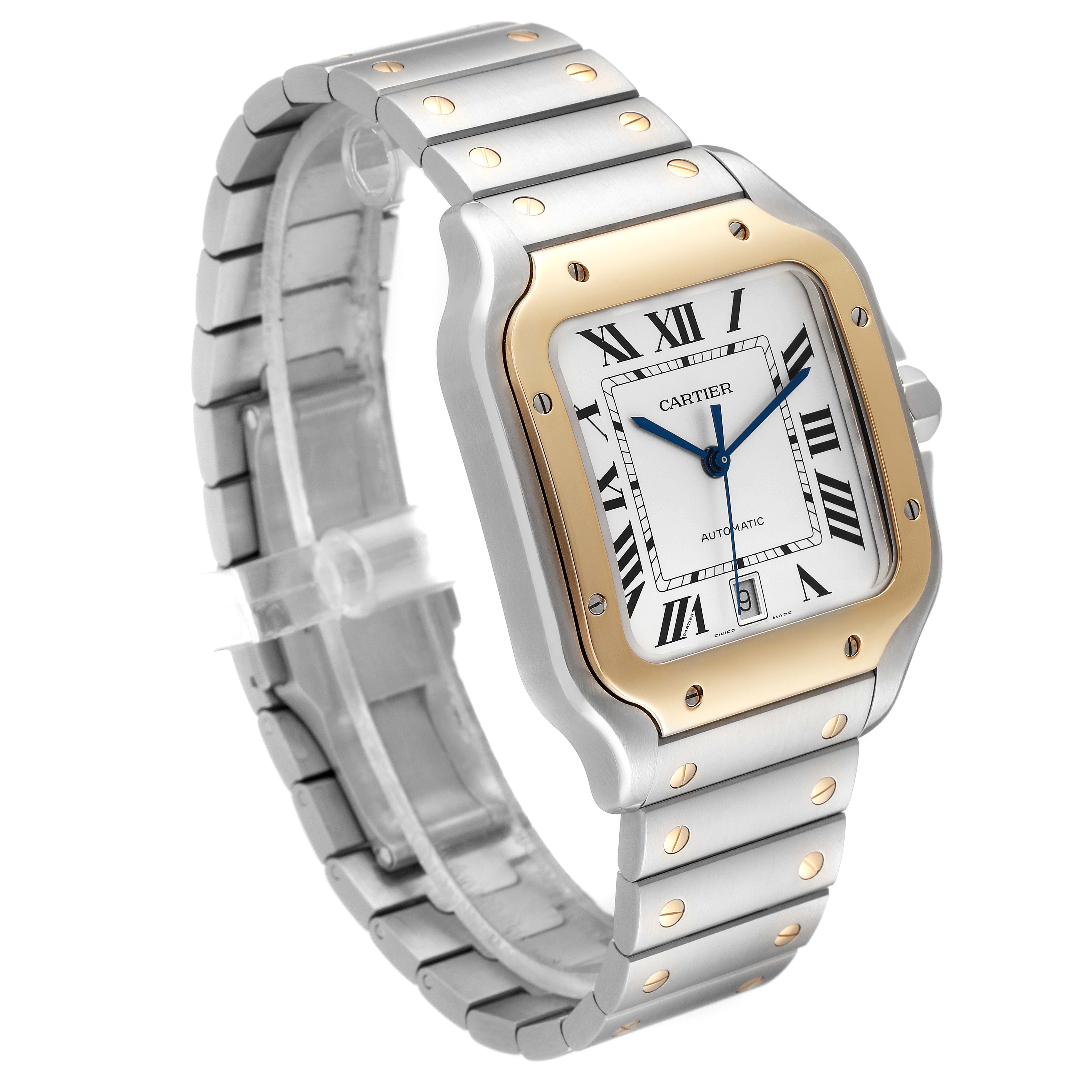 This image shows a side and front angled view of a Cartier Santos W2SA0009 Men's Steel and Gold (two tone) Silver Dial W2SA0009 Men's Steel and Gold (two tone) Silver Dial watch with its metal bracelet and distinctive bezel.