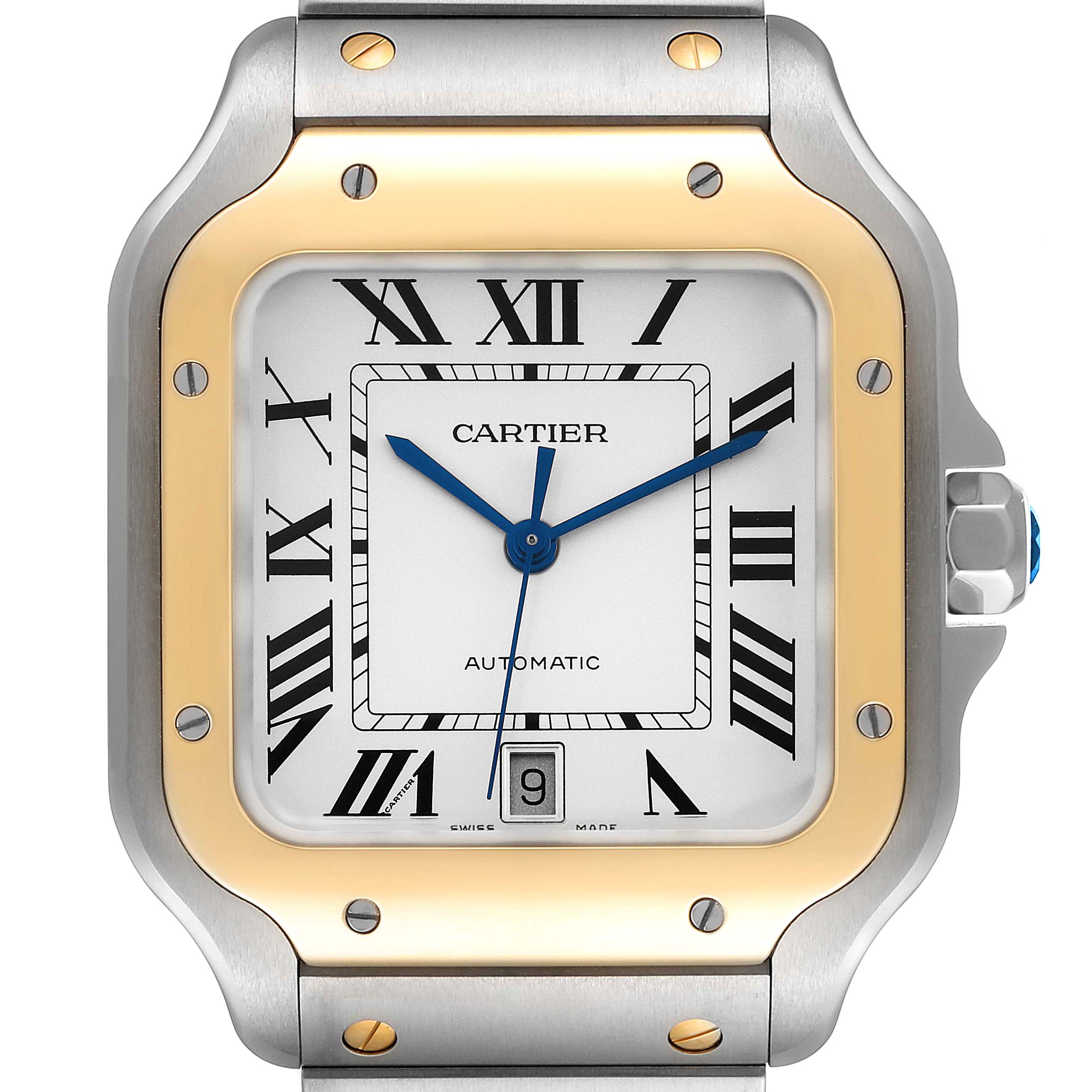 This image shows a front view of a Cartier Santos W2SA0009 Men's Steel and Gold (two tone) Silver Dial W2SA0009 Men's Steel and Gold (two tone) Silver Dial watch, highlighting the square face, Roman numerals, and two-tone bezel.