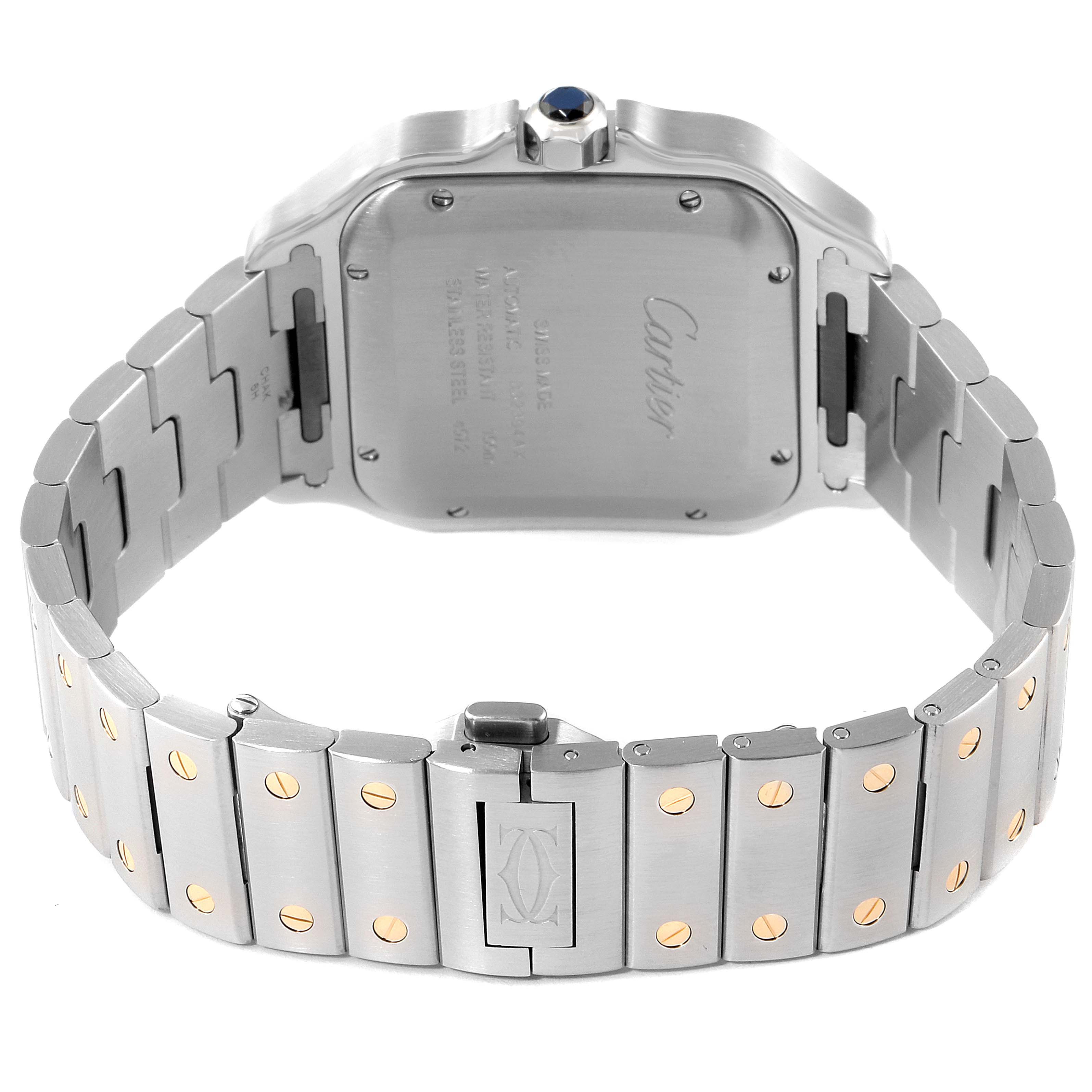 This image shows the back and bracelet of the Santos model watch by Cartier, including the case back and crown.