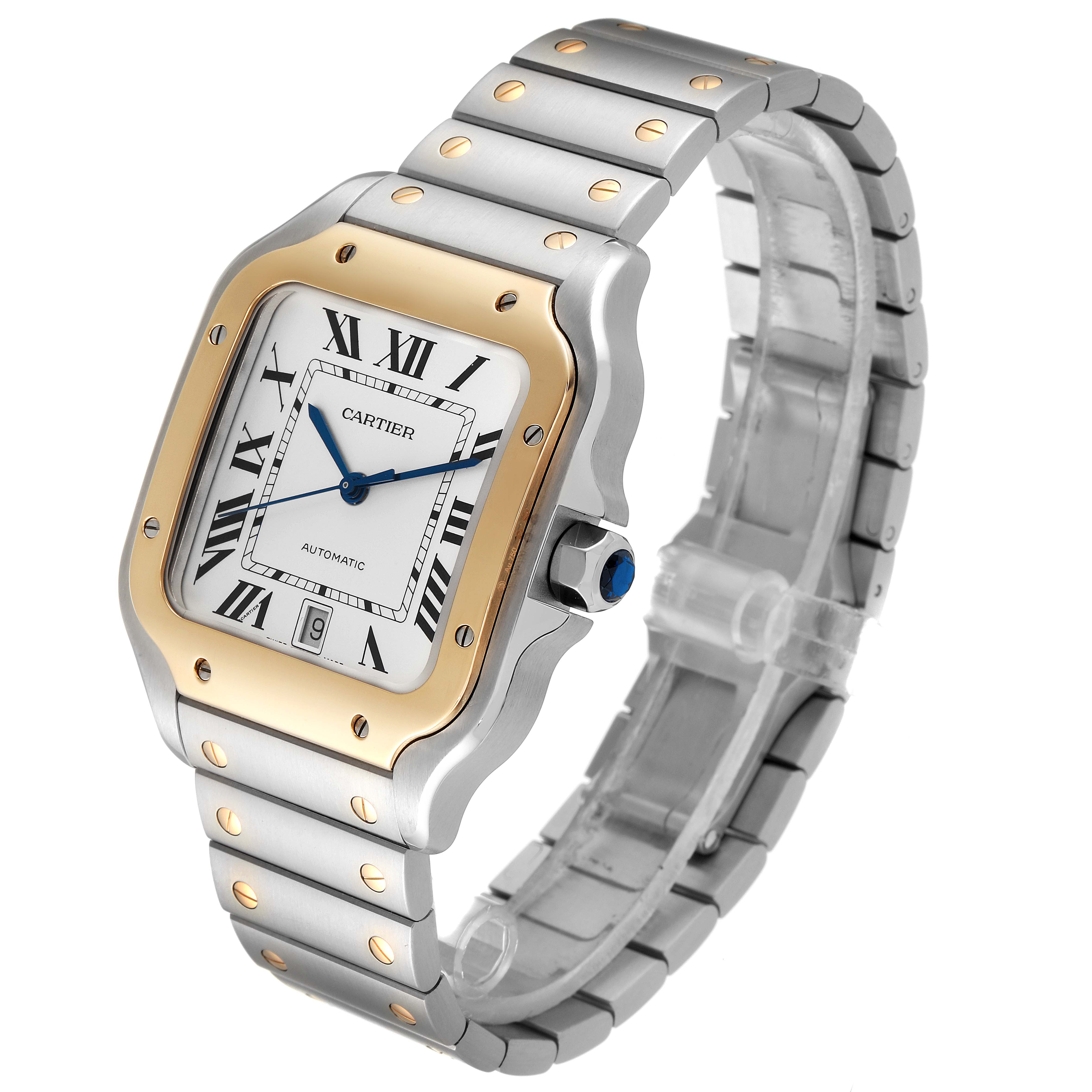 This image shows a Cartier Santos W2SA0009 Men's Steel and Gold (two tone) Silver Dial W2SA0009 Men's Steel and Gold (two tone) Silver Dial watch at a slight front angle, highlighting its face, bezel, and metal bracelet strap.