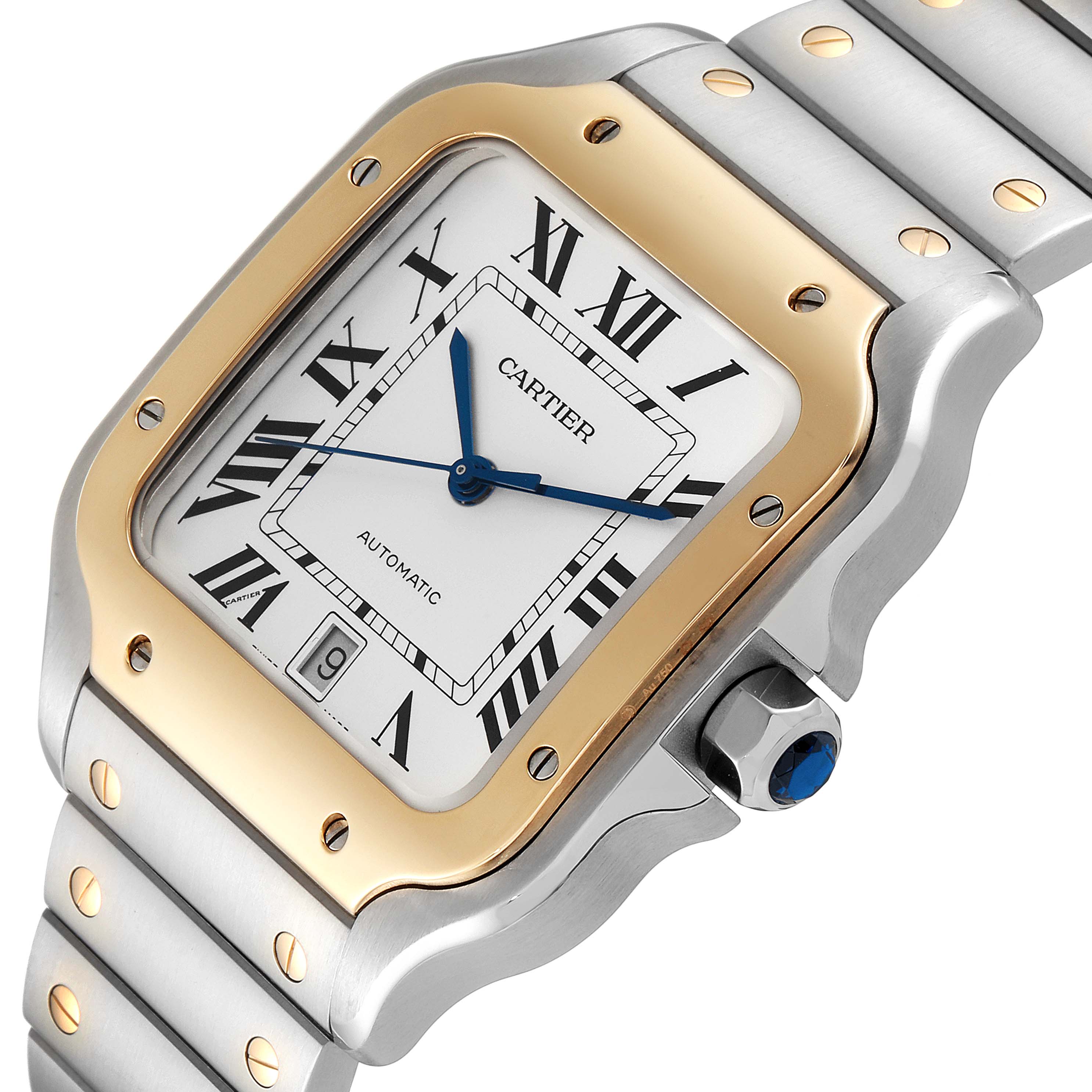 This Cartier Santos W2SA0009 Men's Steel and Gold (two tone) Silver Dial W2SA0009 Men's Steel and Gold (two tone) Silver Dial model watch is shown from an angled side view, highlighting the dial, bezel, crown, and part of the band.