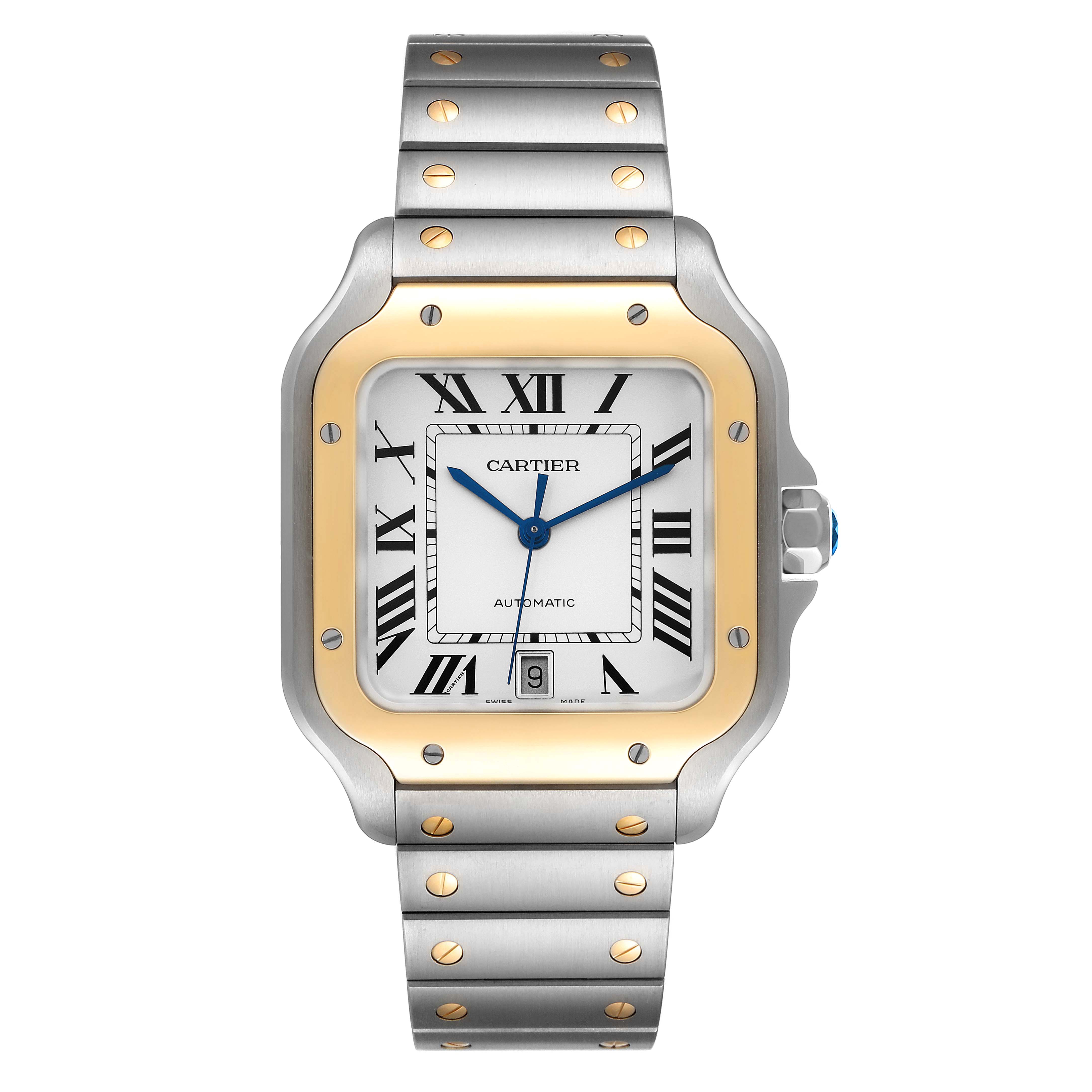 This is a front view of a Cartier Santos W2SA0009 Men's Steel and Gold (two tone) Silver Dial W2SA0009 Men's Steel and Gold (two tone) Silver Dial watch, showcasing its square face, Roman numerals, and metal bracelet with gold accents.