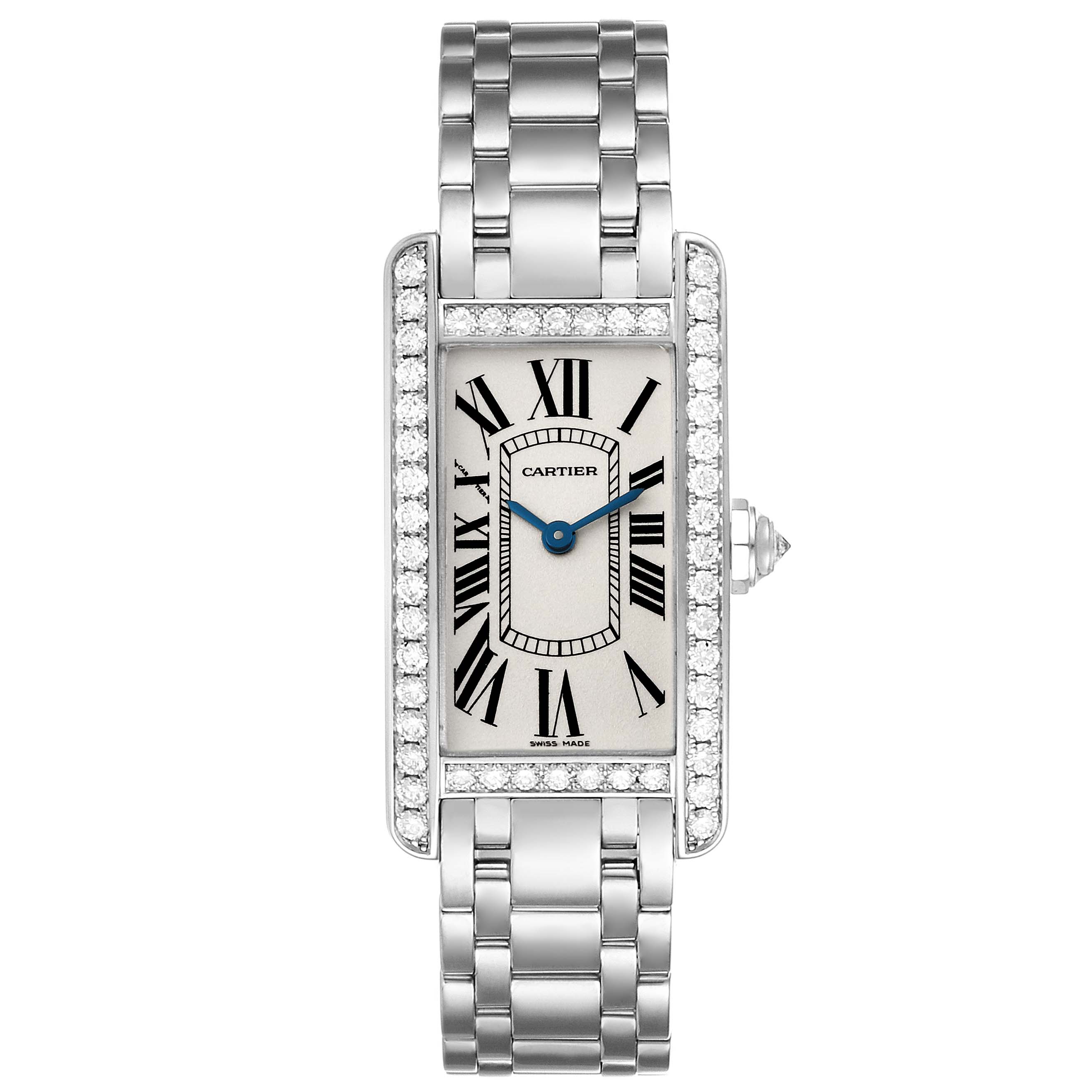 This image shows a frontal view of the Cartier Tank Americaine WB7073L1 Women
s White Gold Silver Dial WB7073L1 Women
s White Gold Silver Dial watch with a metal bracelet and a diamond-encrusted bezel.
