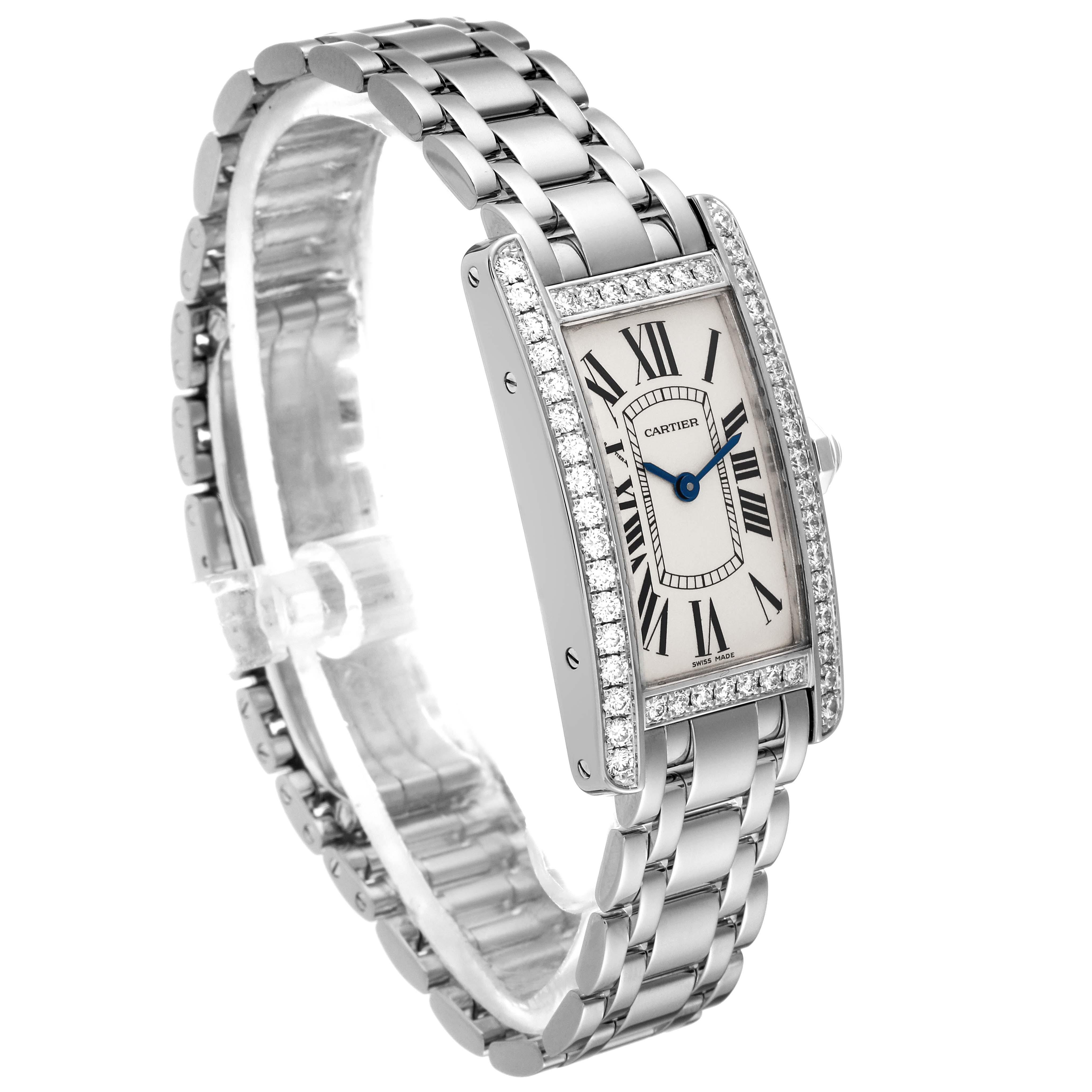 The image shows a Cartier Tank Américaine watch at a three-quarter angle, highlighting its rectangular face, diamond bezel, and silver bracelet.