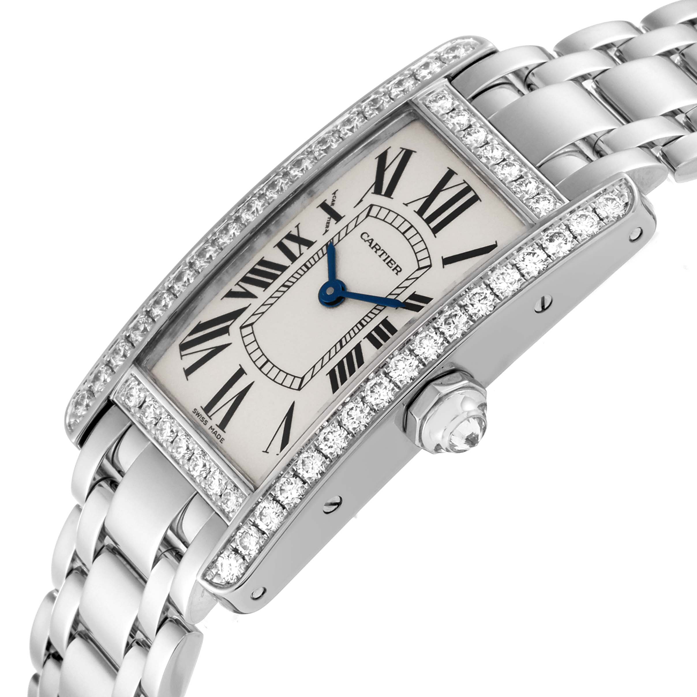 This image features a Tank Americaine watch by Cartier from a slight side angle, highlighting its face, bezel, crown, and metal bracelet.