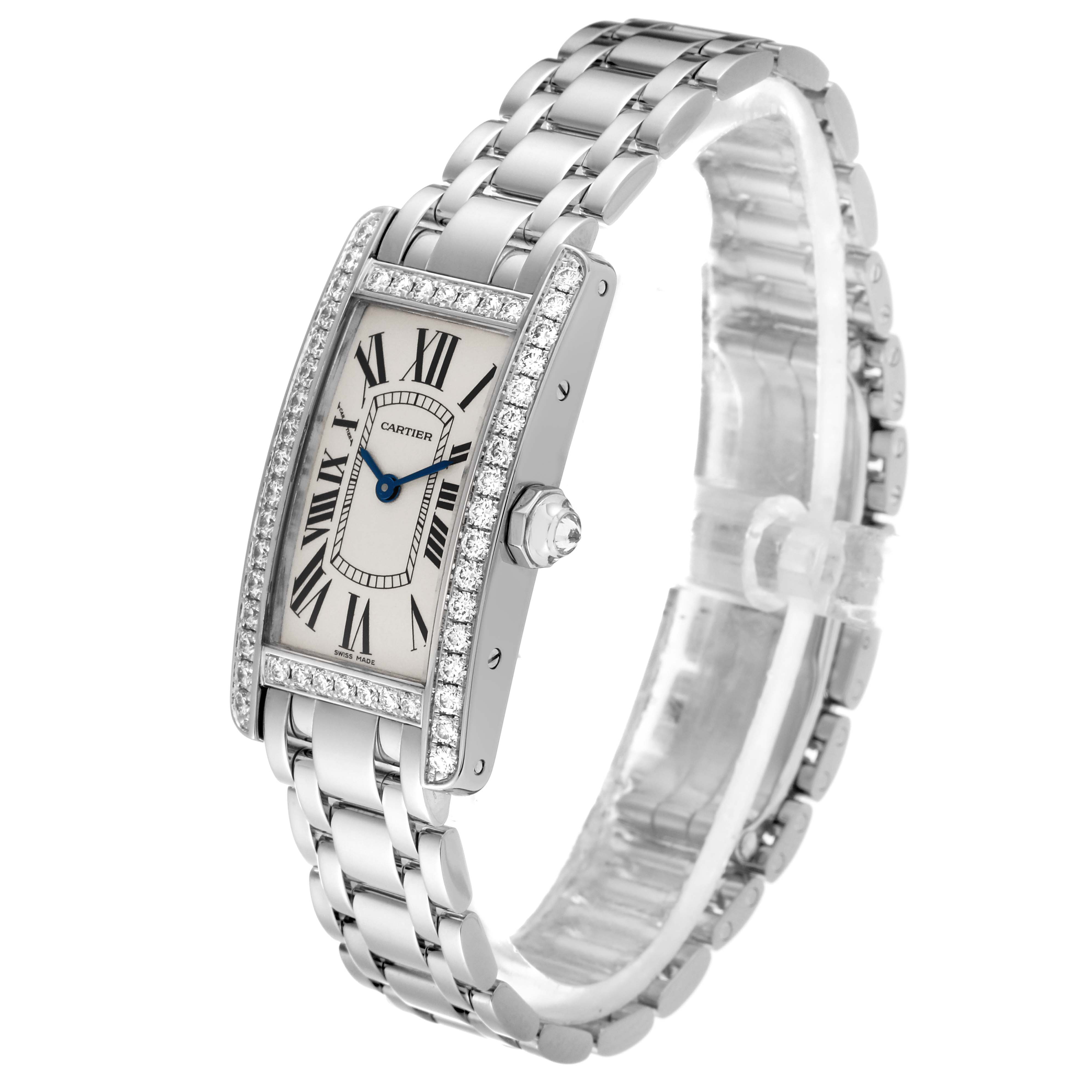 The Cartier Tank Americaine WB7073L1 Women
s White Gold Silver Dial WB7073L1 Women
s White Gold Silver Dial watch is shown at a slight angle, displaying the face, bezel, crown, and bracelet.
