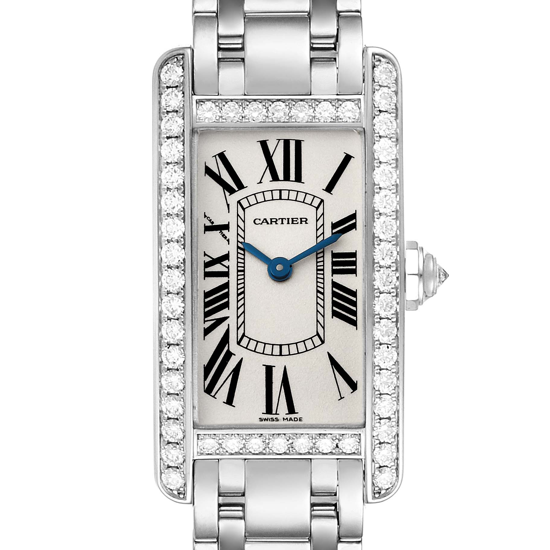 The image shows a front view of the Cartier Tank Americaine WB7073L1 Women
s White Gold Silver Dial WB7073L1 Women
s White Gold Silver Dial watch with its face, Roman numerals, and bracelet.