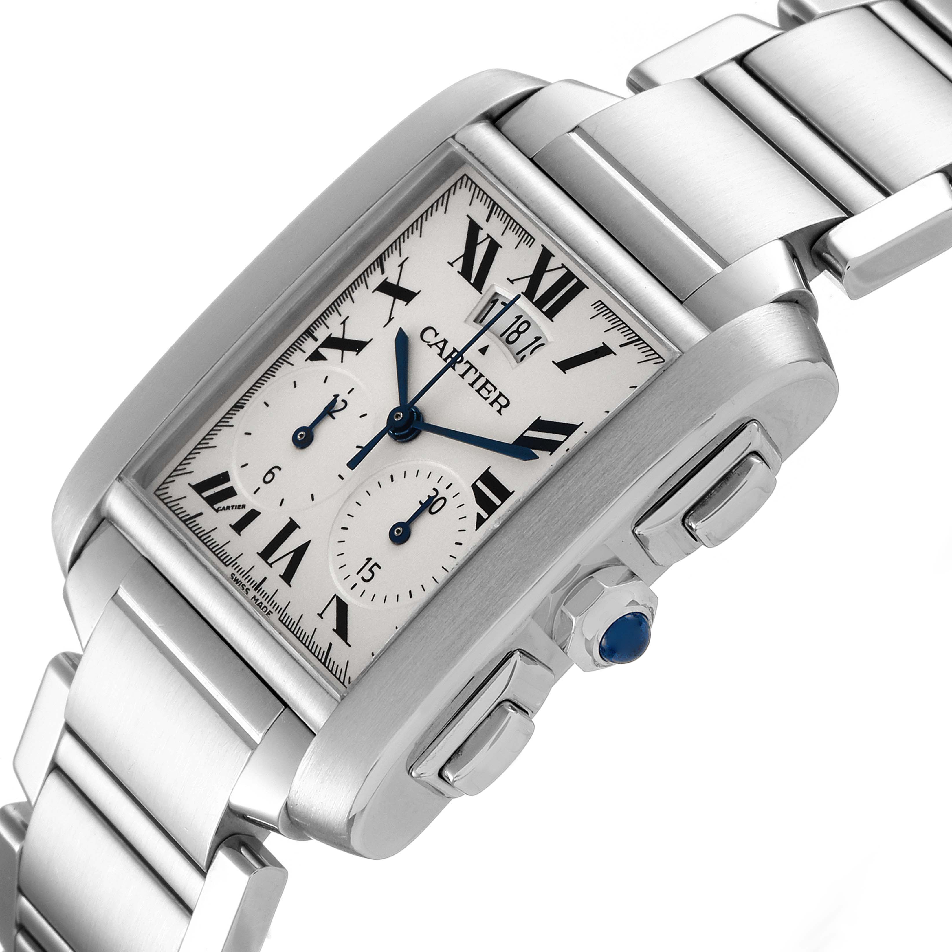 The image shows a close-up angled view of the Cartier Tank Francaise W51024Q3 Men's Stainless Steel Silver Dial W51024Q3 Men's Stainless Steel Silver Dial watch, highlighting the face, side buttons, and part of the metal bracelet.