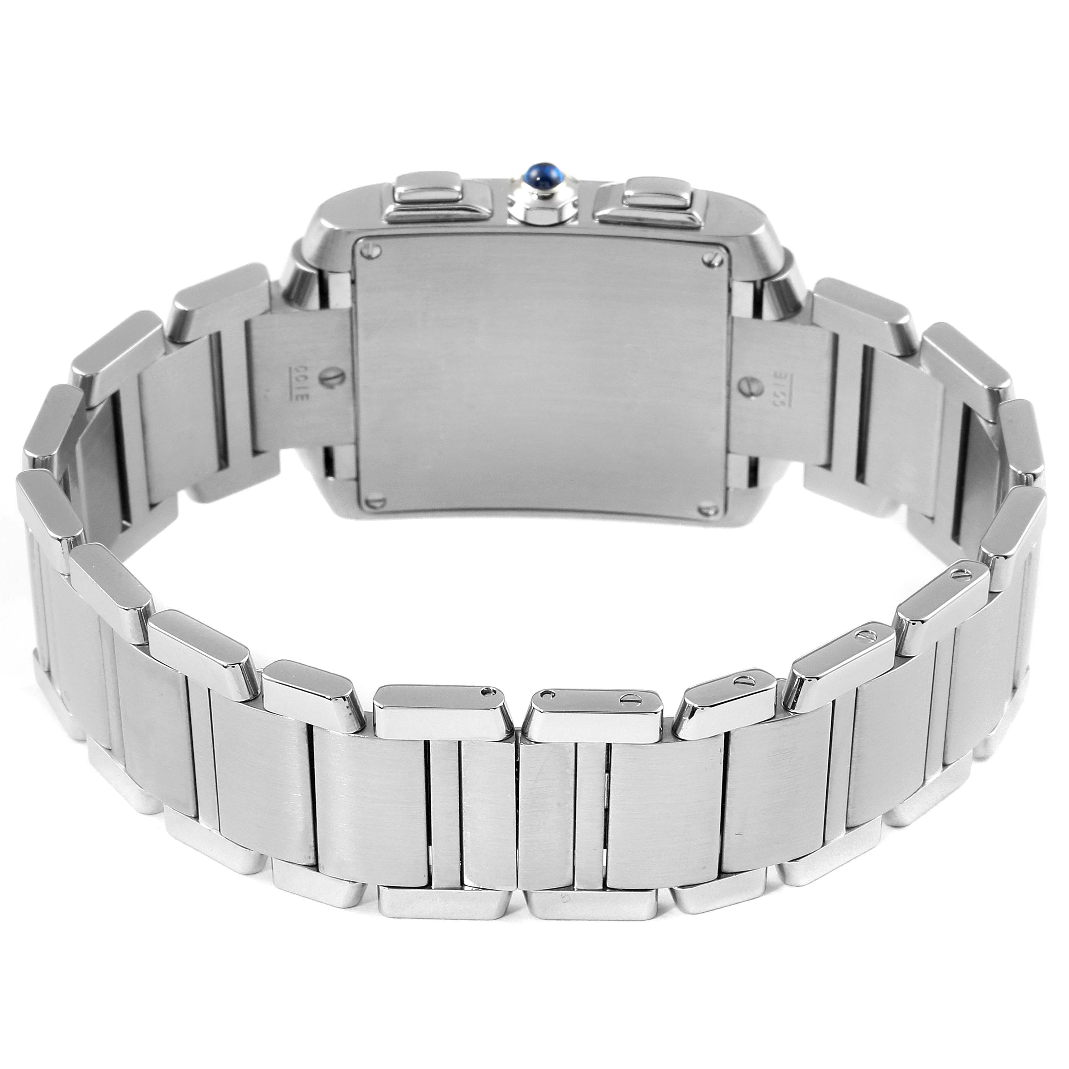 This image shows the back view and metal bracelet of the Cartier Tank Française watch.
