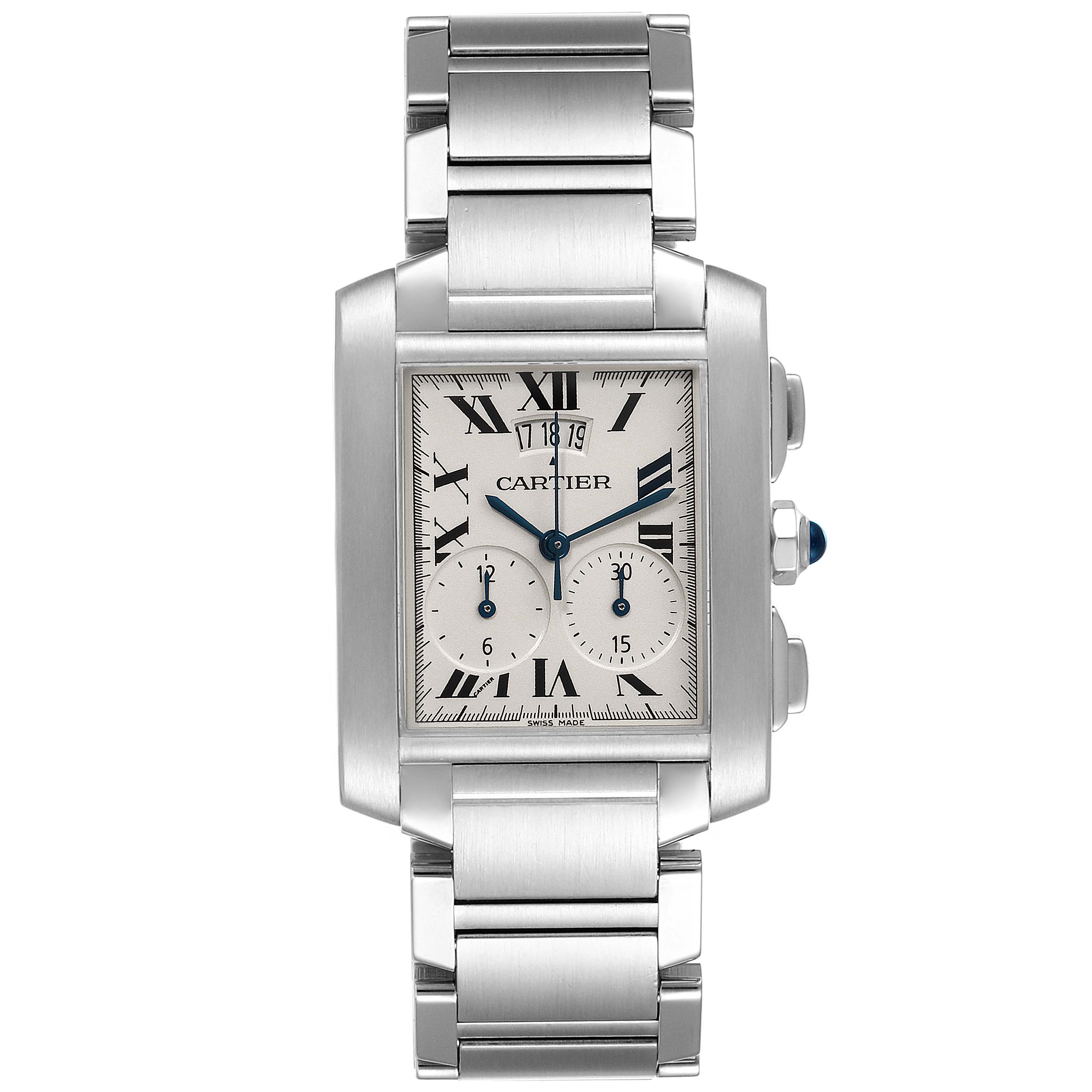 The Cartier Tank Francaise W51024Q3 Men's Stainless Steel Silver Dial W51024Q3 Men's Stainless Steel Silver Dial watch is shown from a front angle, displaying the full face and bracelet.