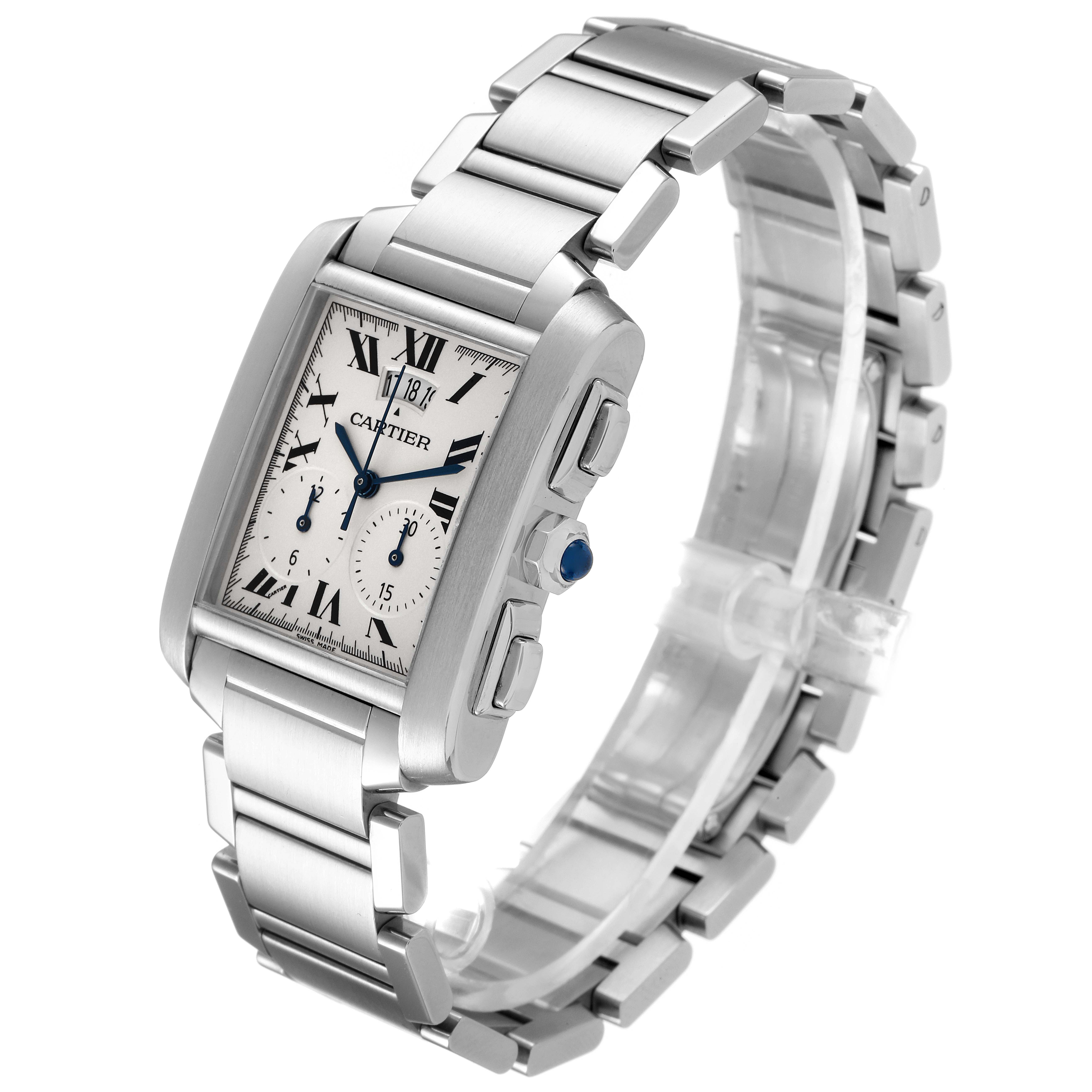 The Cartier Tank Francaise W51024Q3 Men's Stainless Steel Silver Dial W51024Q3 Men's Stainless Steel Silver Dial watch is shown at a three-quarter angle, detailing the face, side buttons, and part of the bracelet.