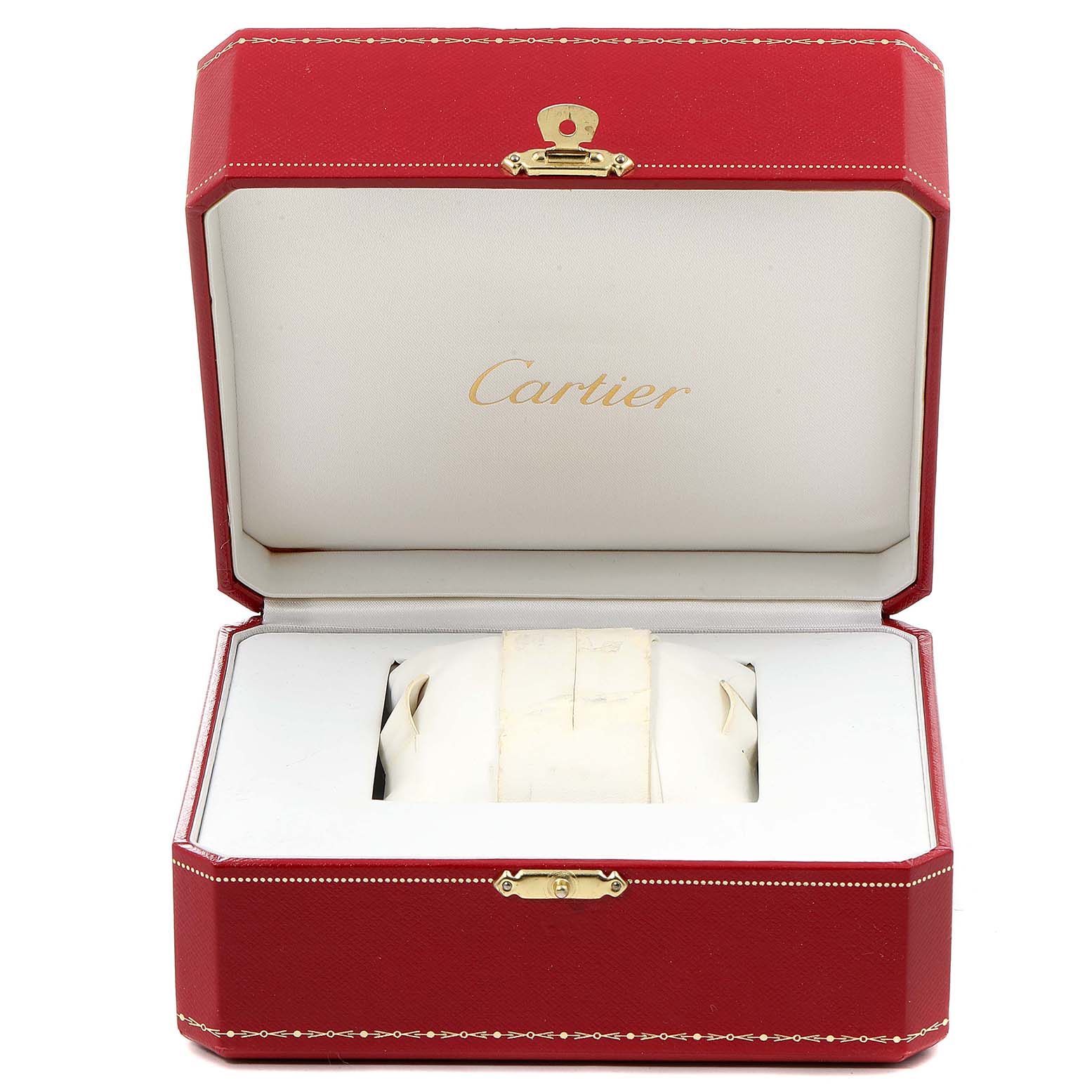 The image shows a Cartier Tank Francaise W51024Q3 Men's Stainless Steel Silver Dial W51024Q3 Men's Stainless Steel Silver Dial watch in its open red case, viewed from the front.