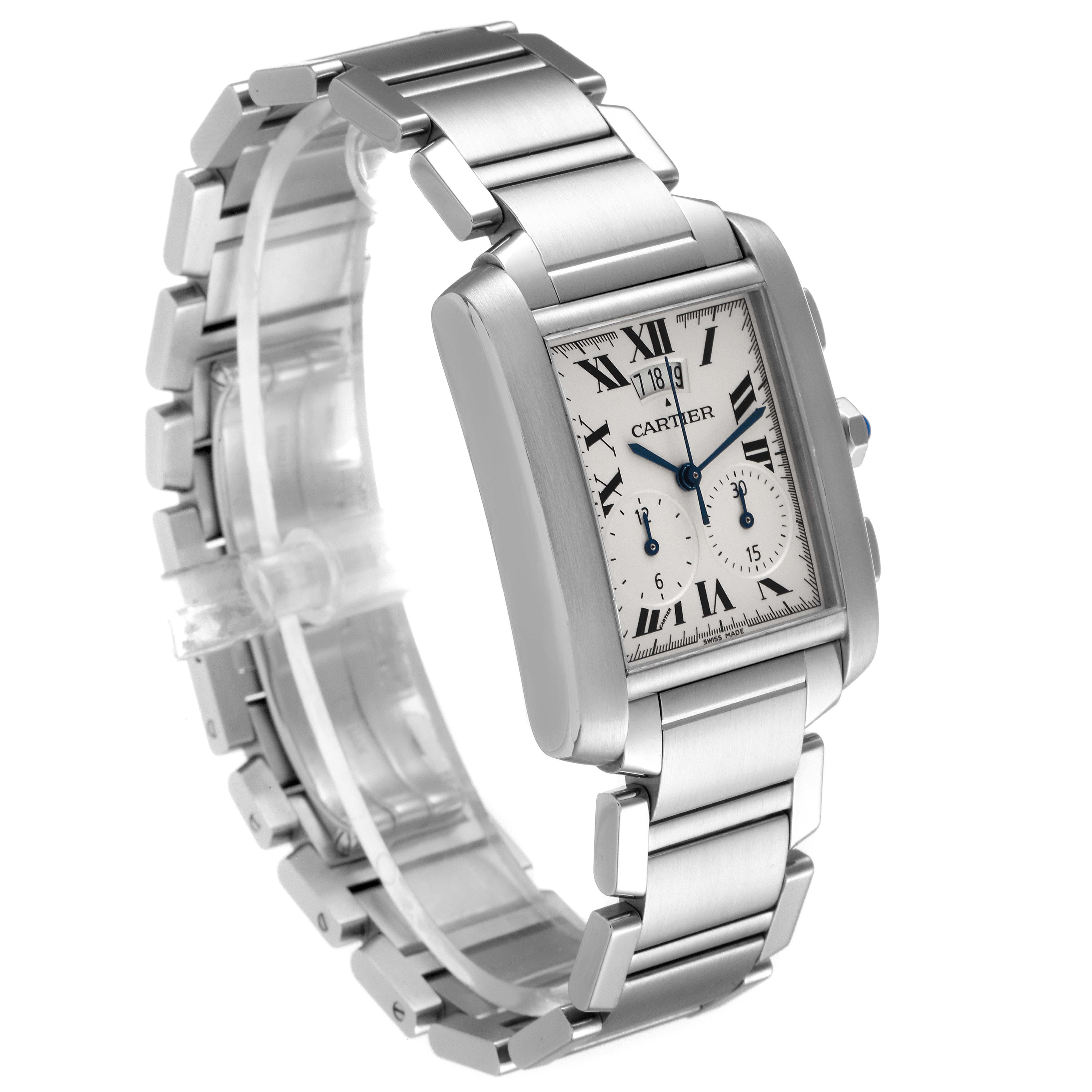 This image shows a Cartier Tank Francaise W51024Q3 Men's Stainless Steel Silver Dial W51024Q3 Men's Stainless Steel Silver Dial watch angled to display its face and stainless steel bracelet.
